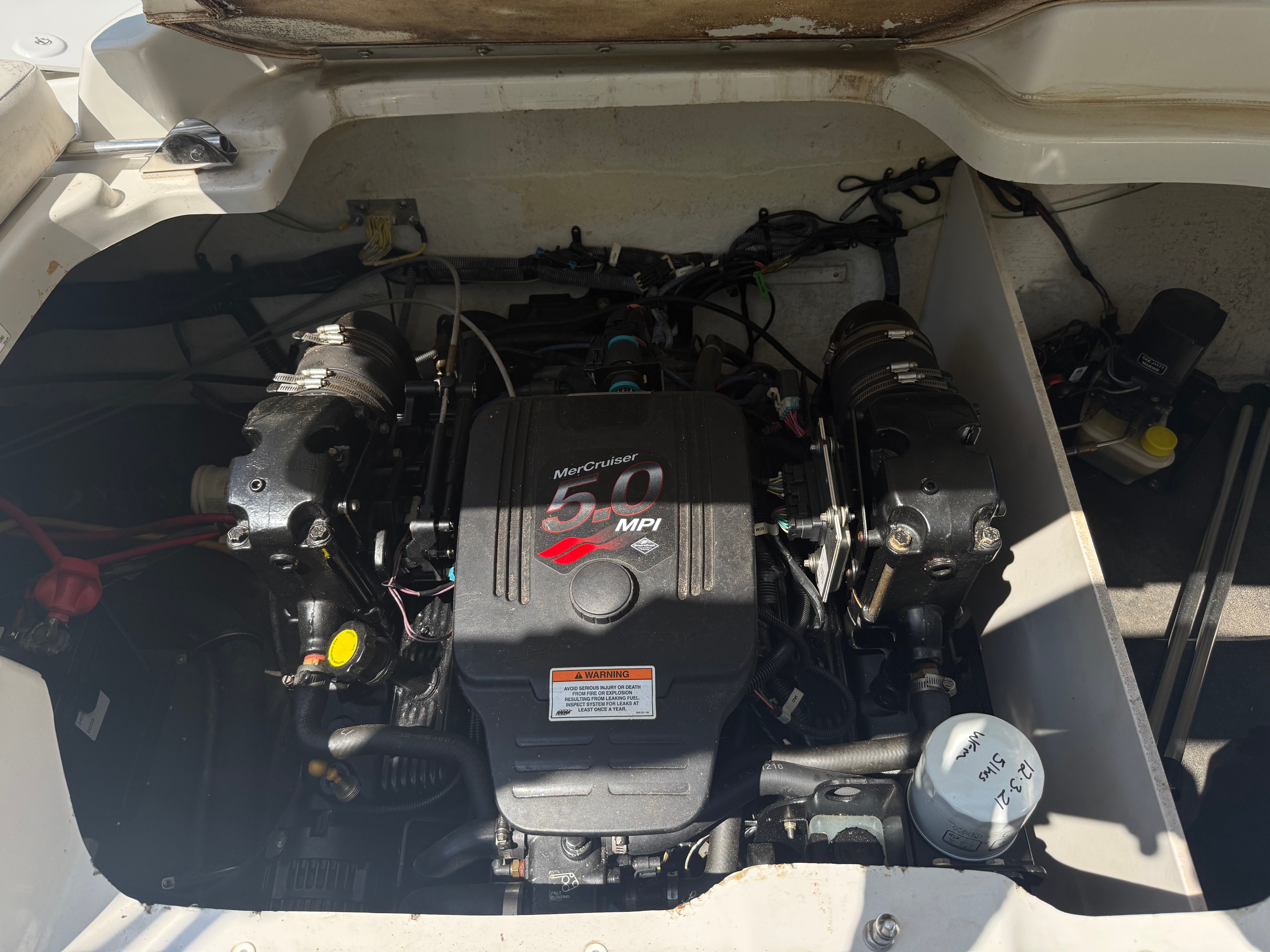 Engine compartment of 2008 Crownline 210 LX with MerCruiser 5.0 MPI engine.