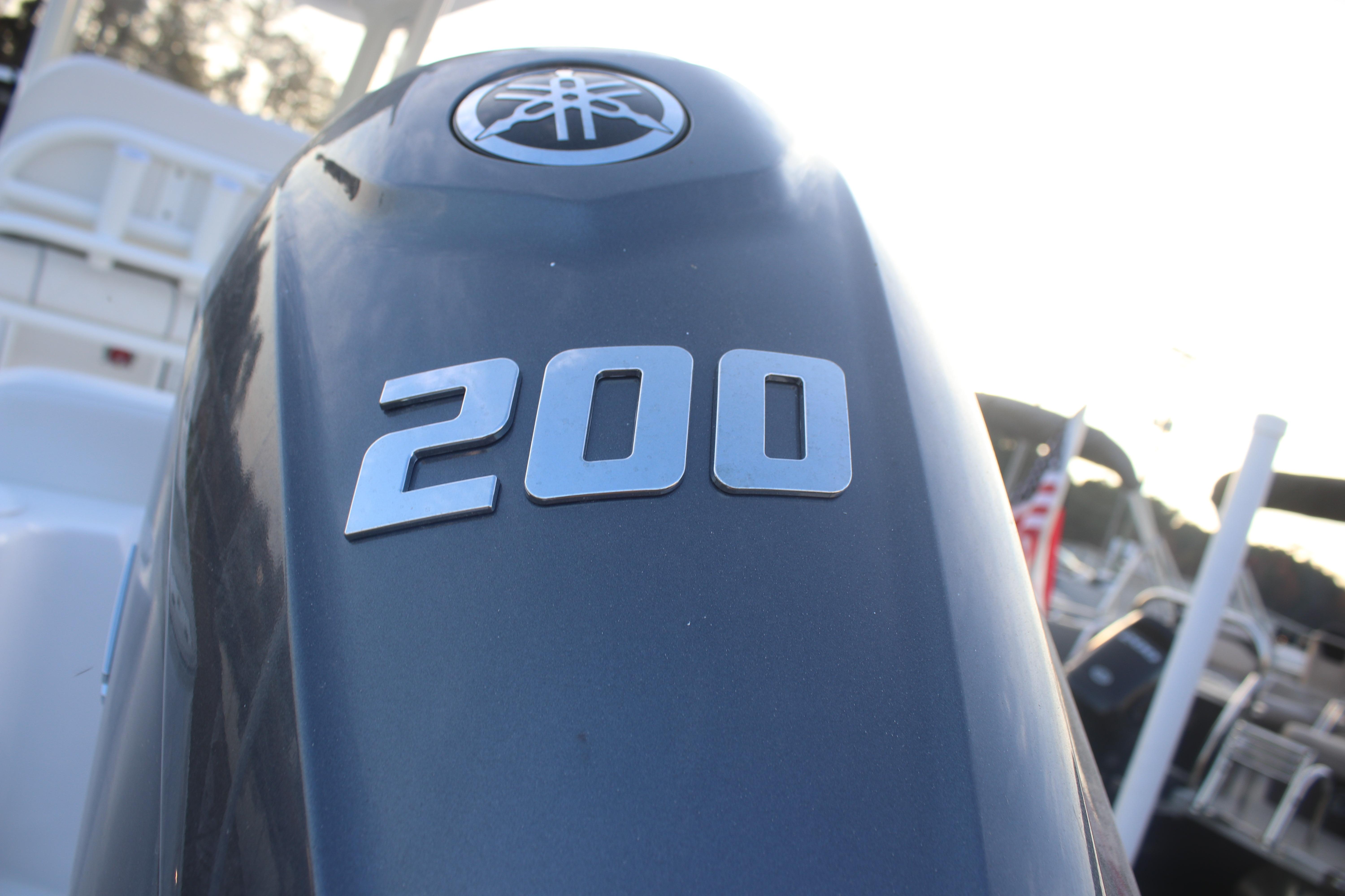 Close-up of a Yamaha 200 outboard motor on a 2026 Sea Fox 228 Commander boat.