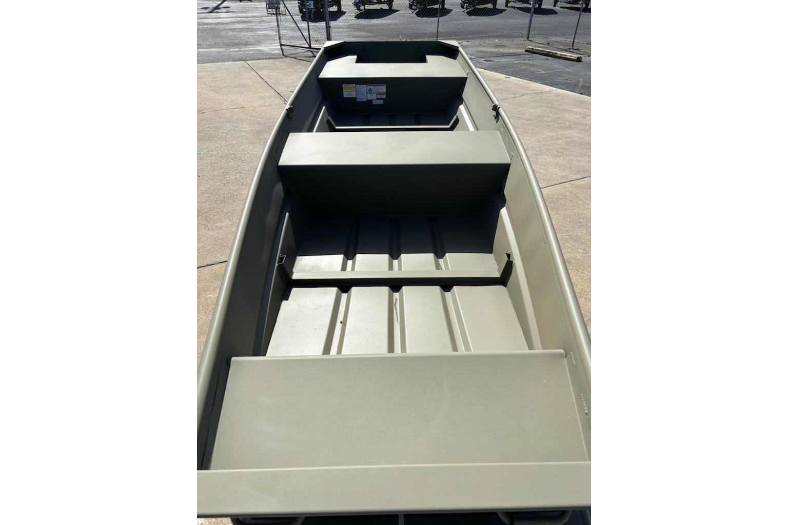 2025 Tracker Grizzly 14 Jon boat, interior view, showcasing seating and storage layout.