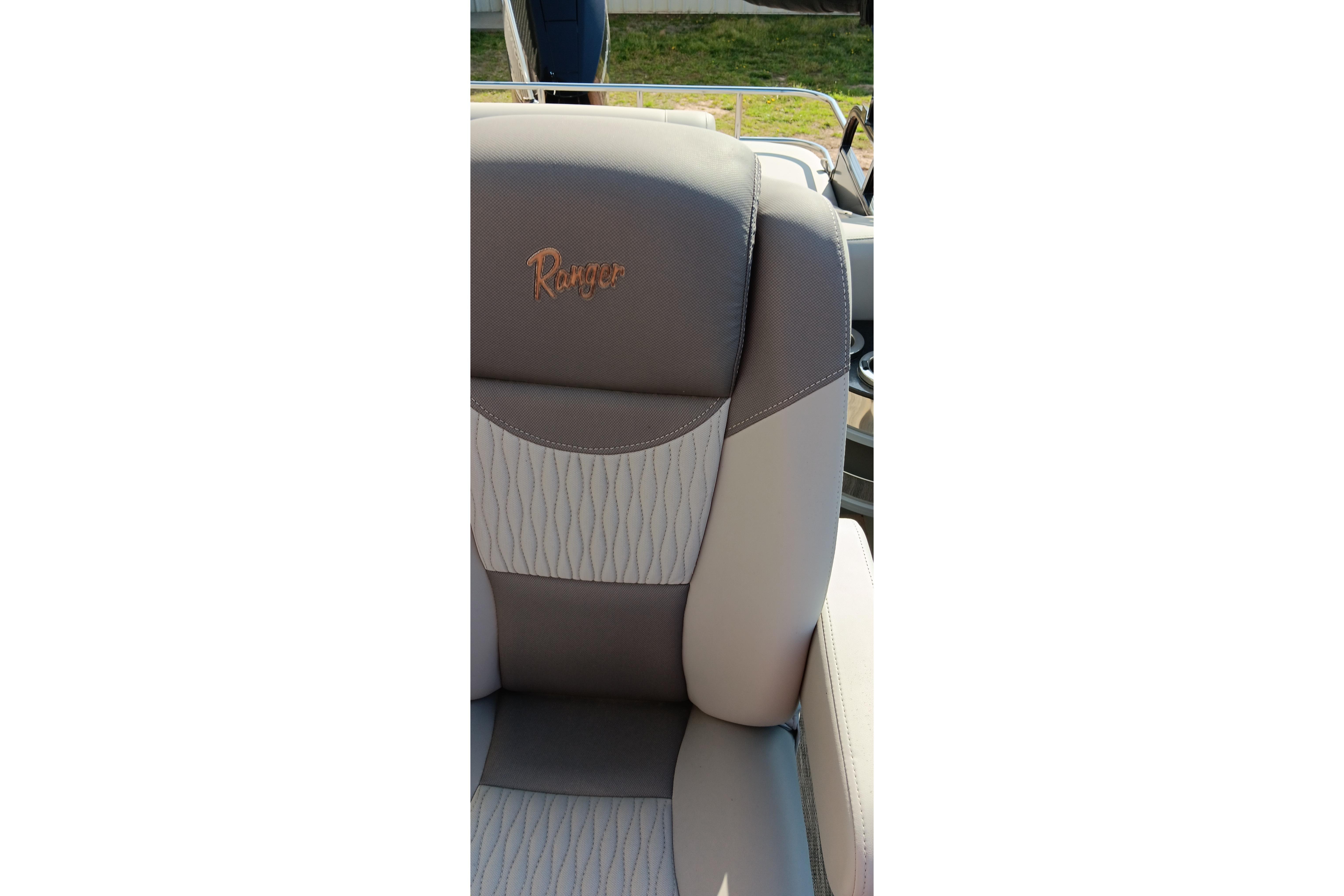Luxurious Ranger 2500LS 2023 boat seat with elegant stitching and branding.