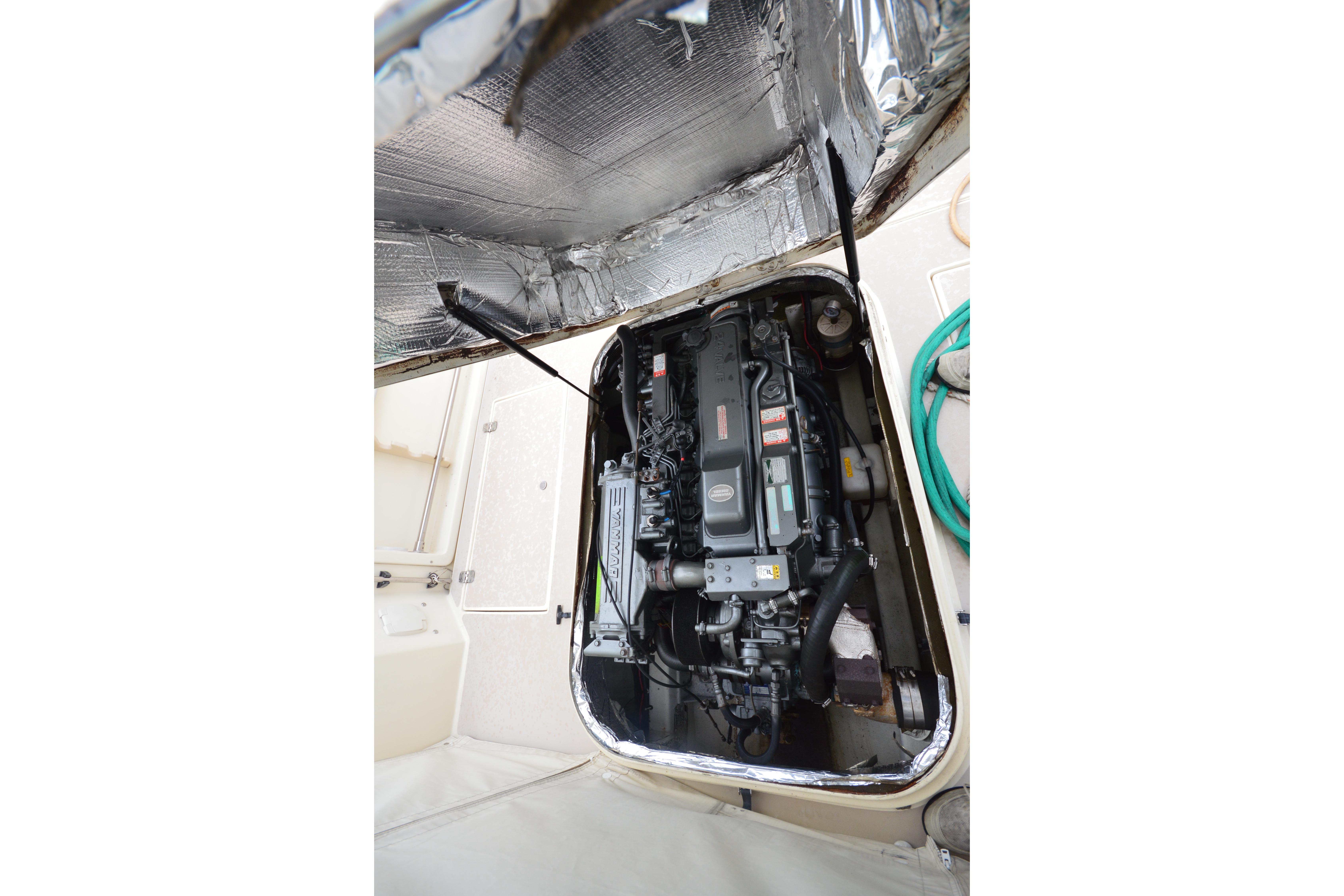 Engine compartment of a 2001 Albin 28 Tournament Express boat.