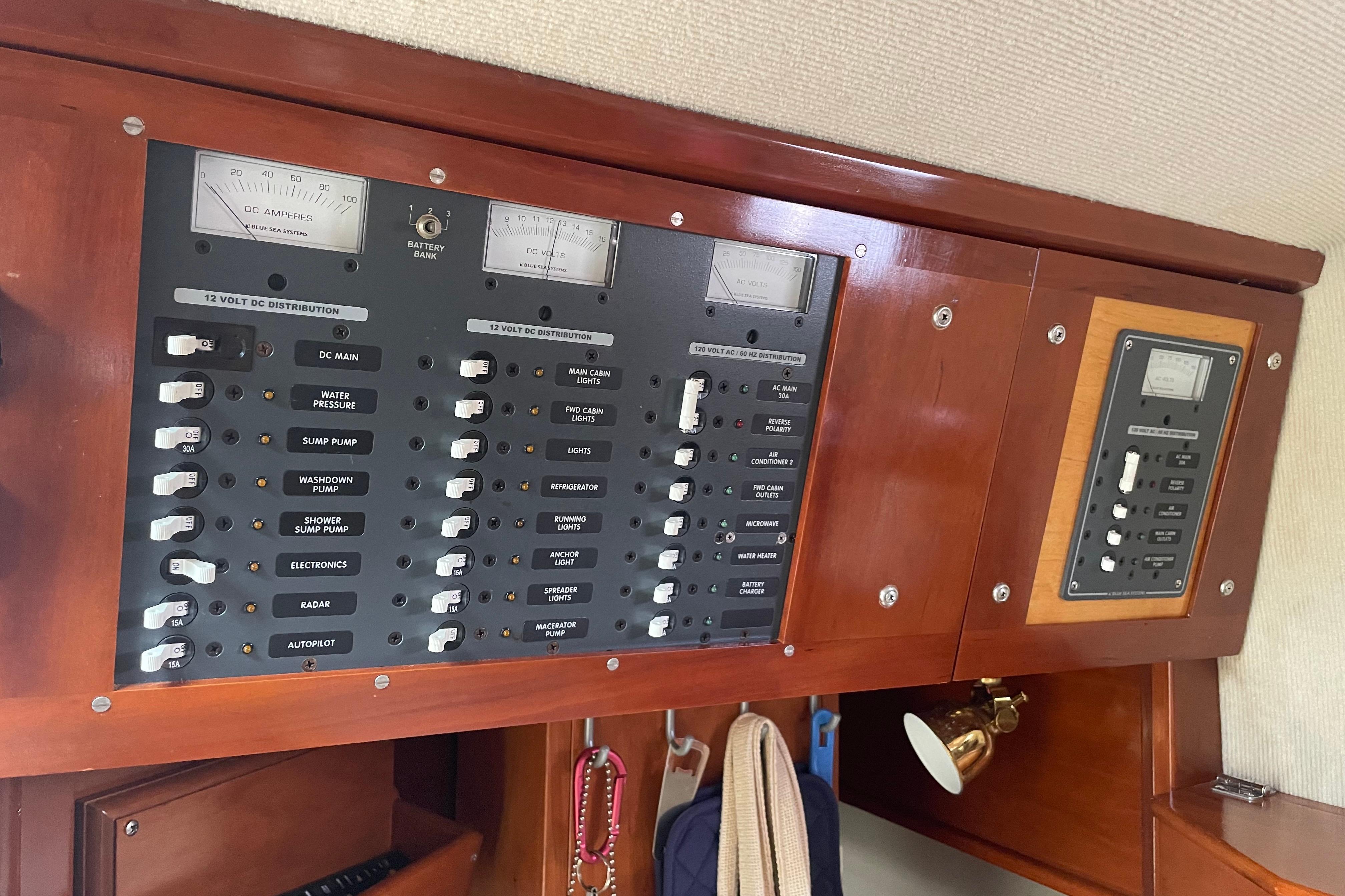 Electrical control panel on a 2005 Fox Island Thirty Sedan Cruiser boat.