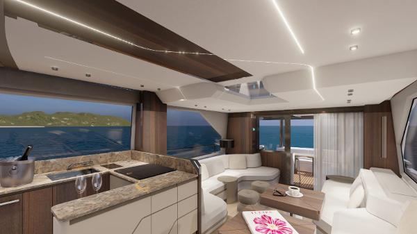 Luxurious interior of 2025 Aicon Vivere 68 yacht with modern design and ocean view.