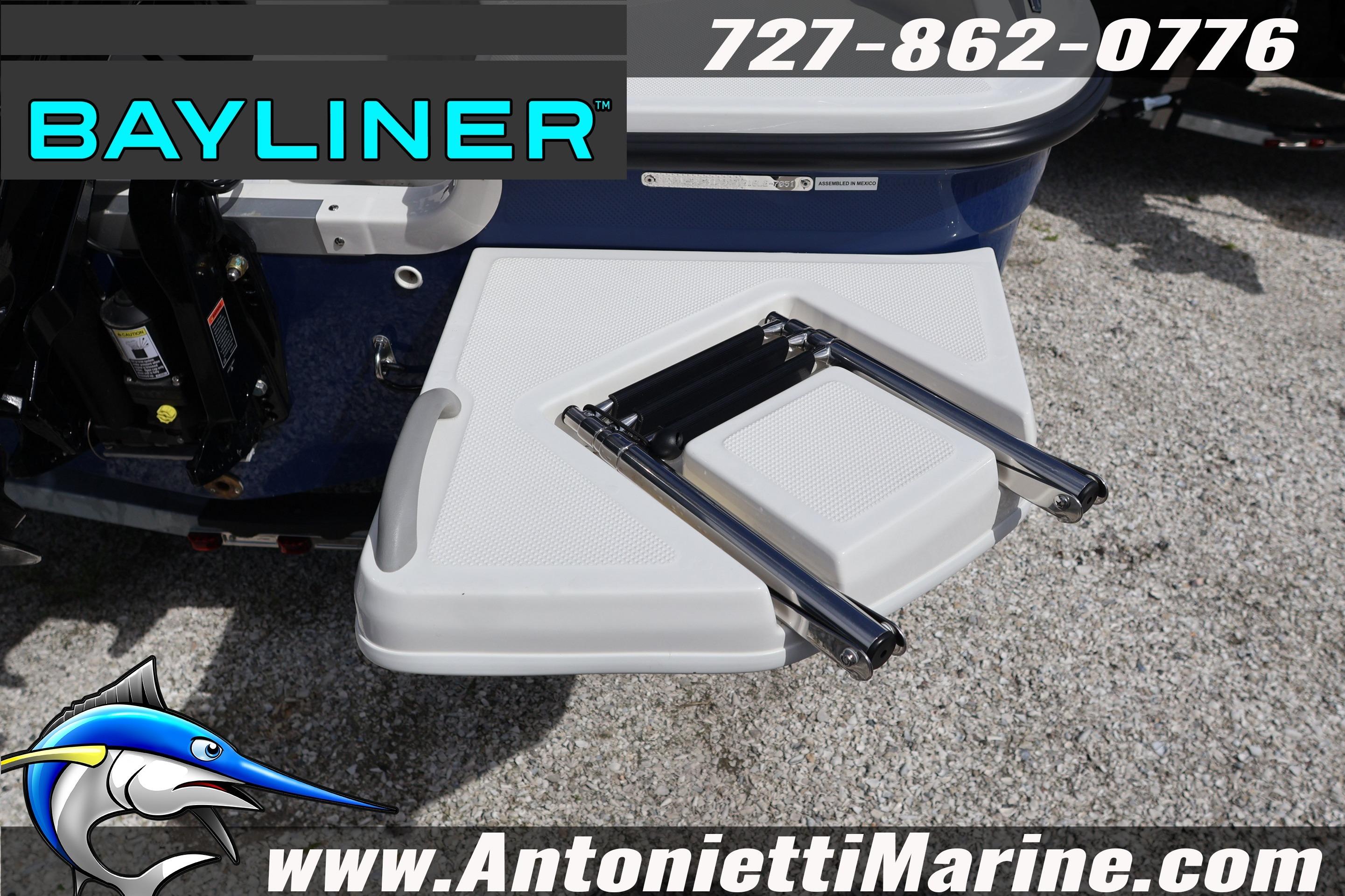 Bayliner Element E16 2026 boat with swim platform and ladder, Antonietti Marine branding.