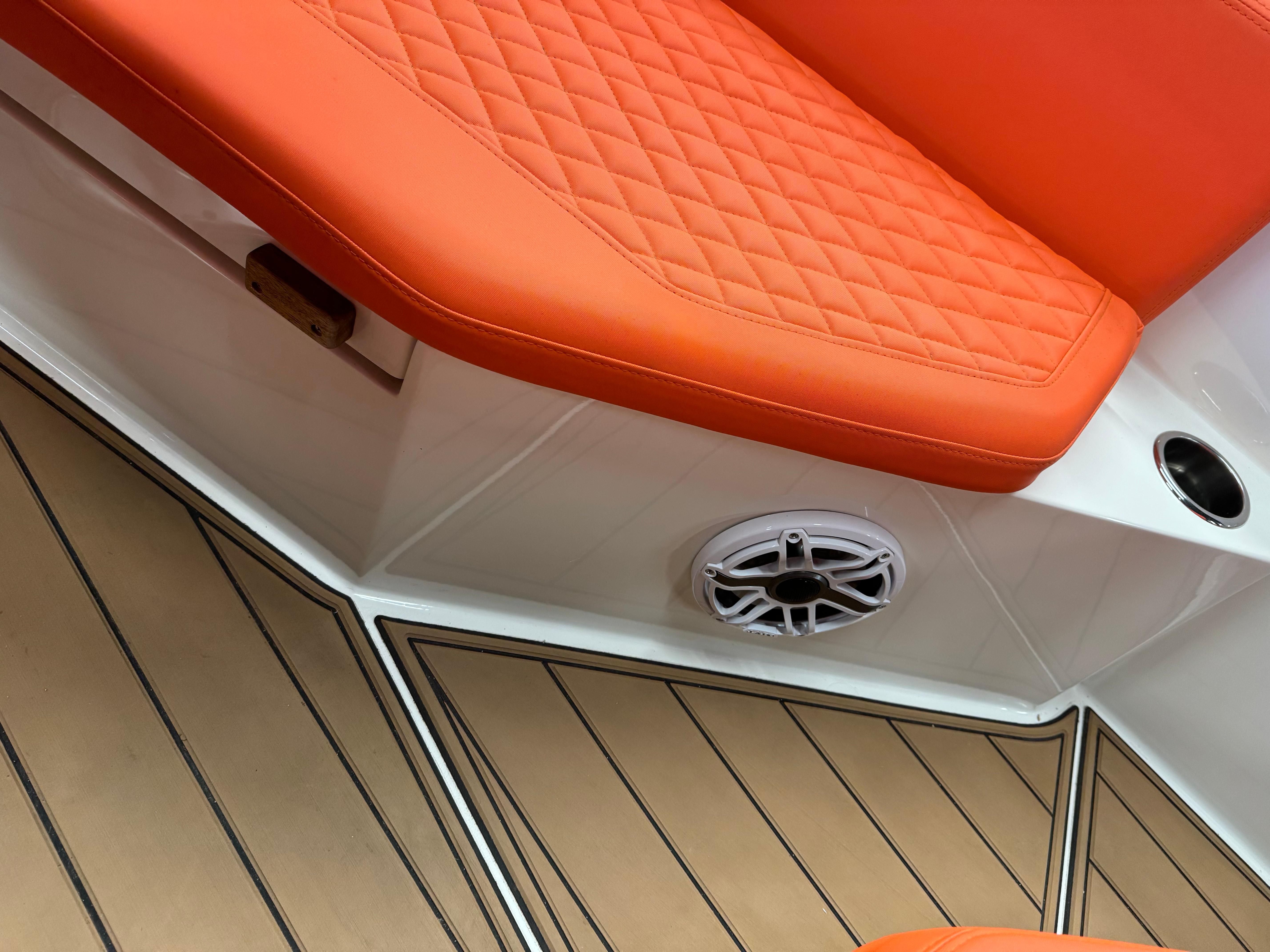 Orange seating and teak deck of 2020 De Antonio Yachts D 28.