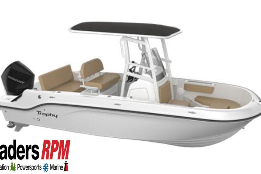 2026 Bayliner Trophy T20CC boat with seating, T-top, and outboard motor.
