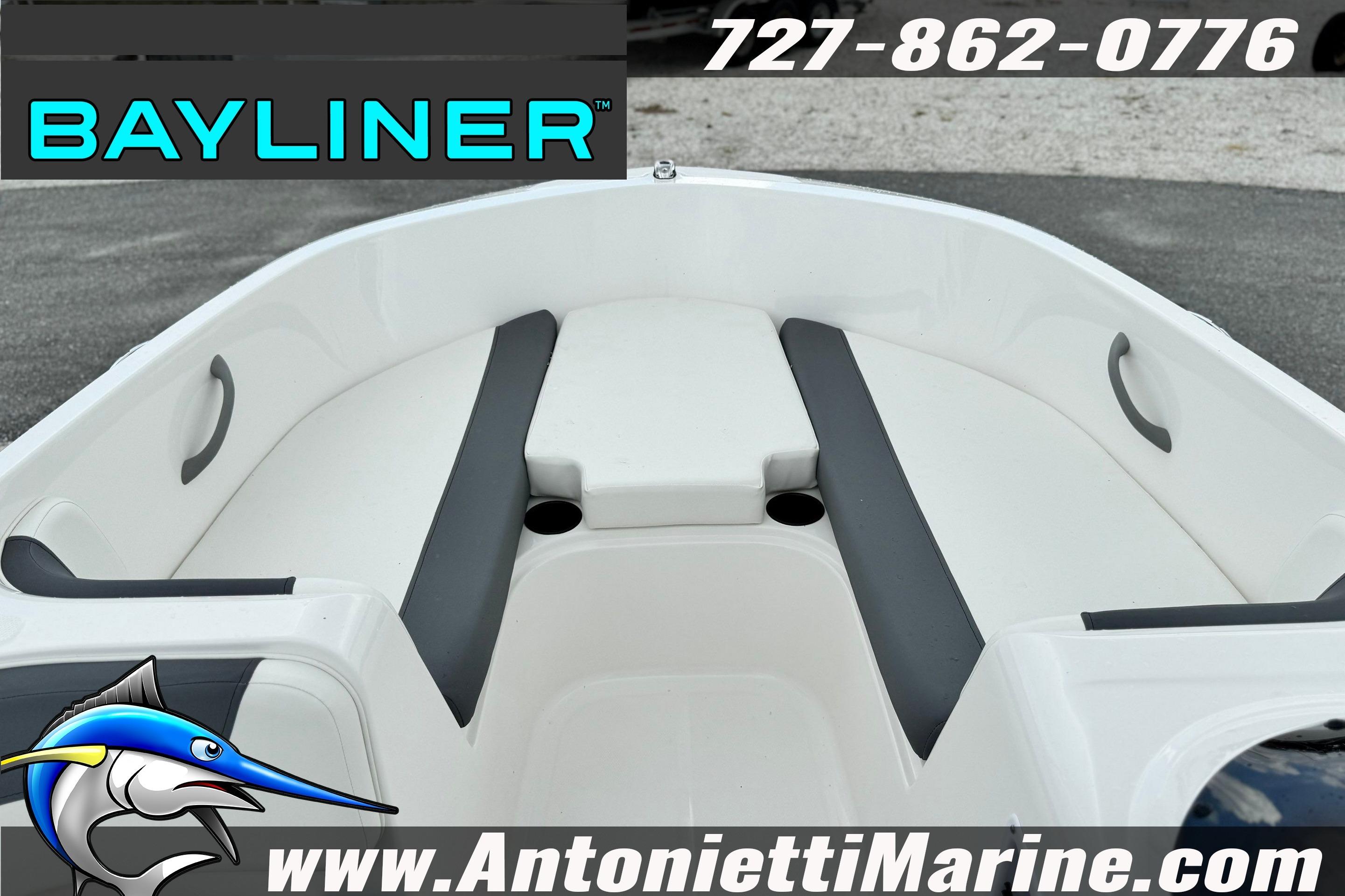 2026 Bayliner Element E16 boat interior with seating, displayed by Antonietti Marine.
