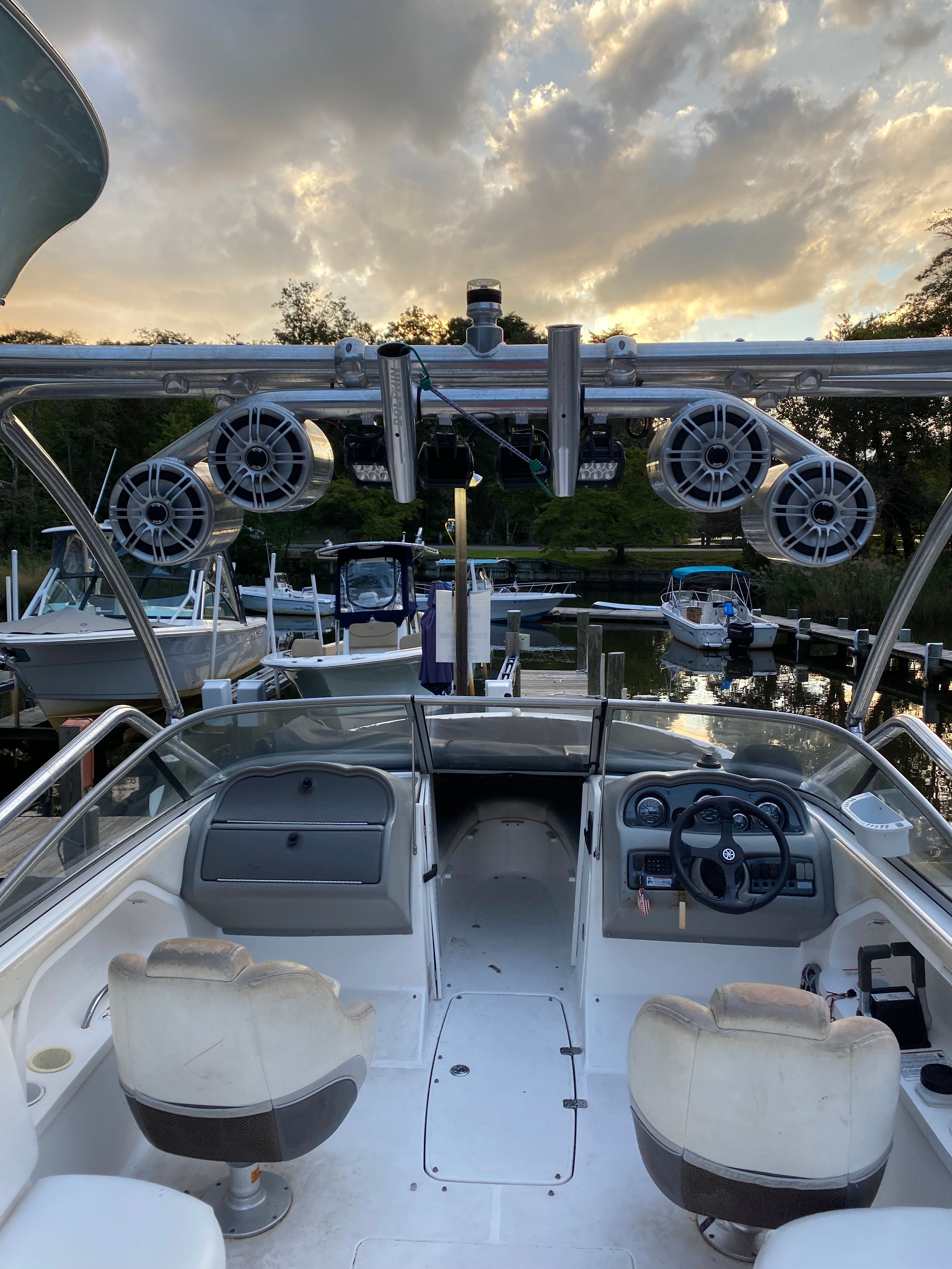 2005 Yamaha SX230 HO boat cockpit at sunset.