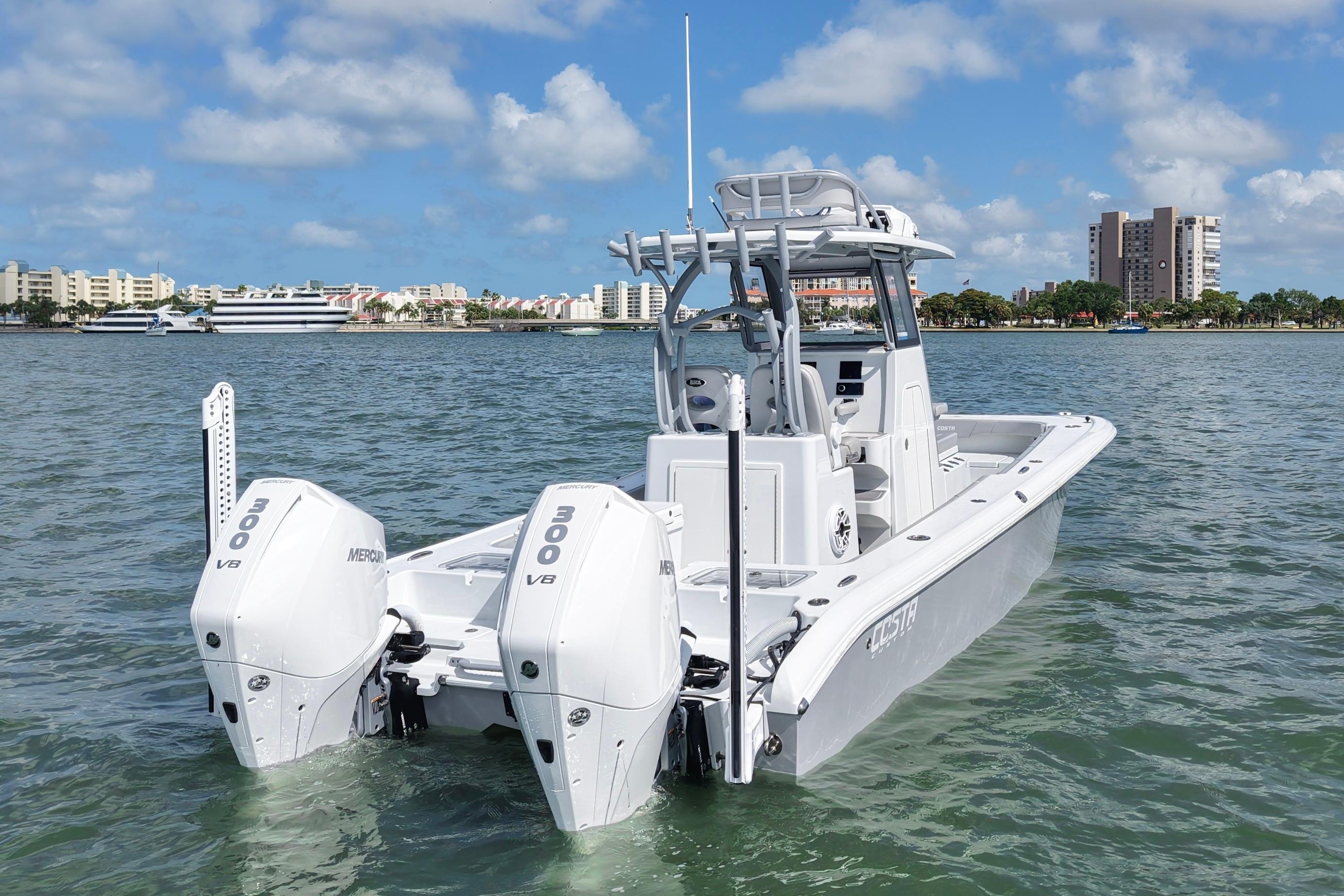2024 Costa Custom Boats 264HC on water, featuring dual Mercury 300 V8 engines.
