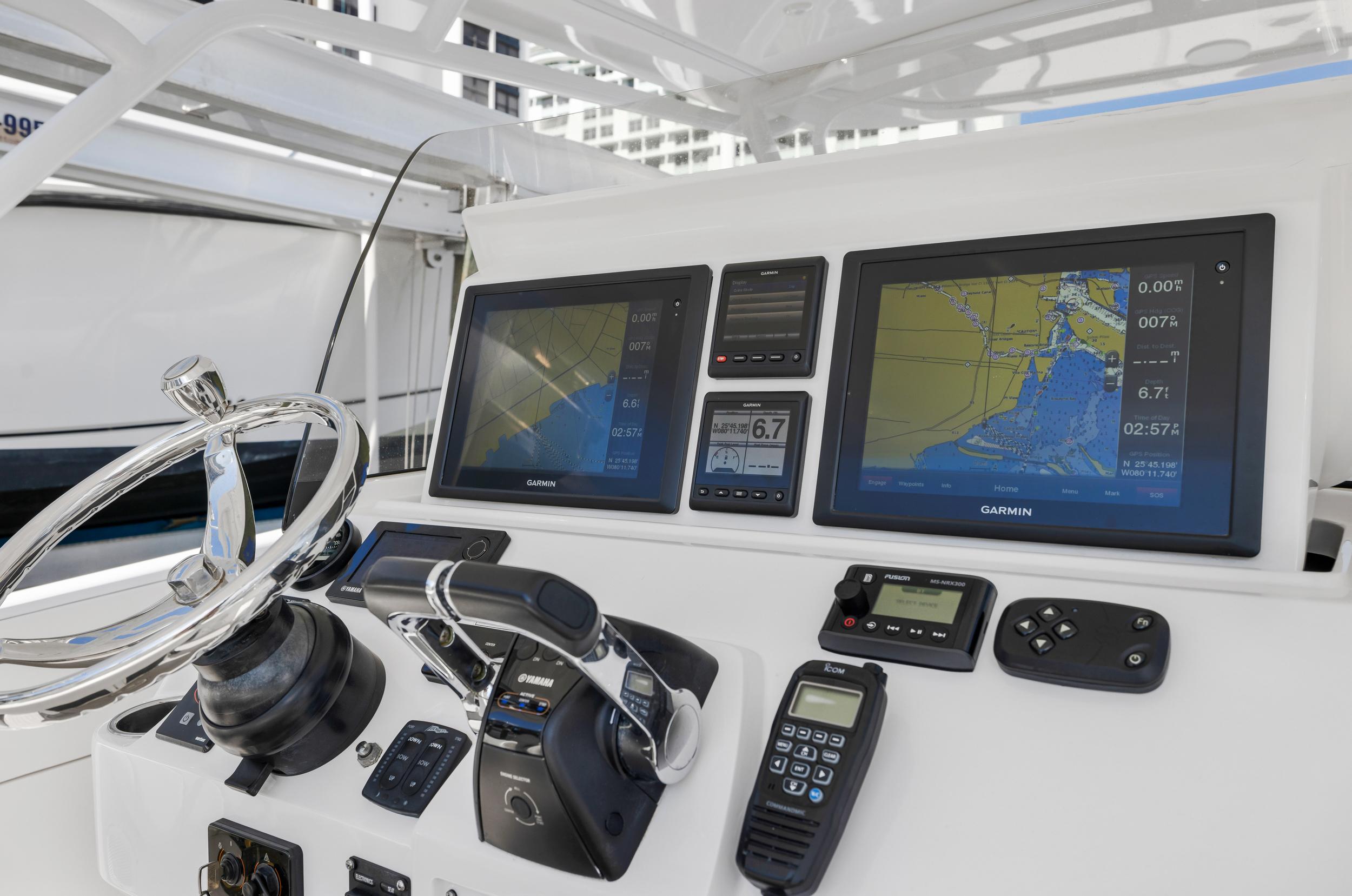 2016 Intrepid 400 Cuddy helm with advanced navigation systems and controls.