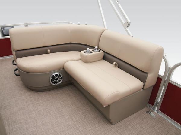 2024 Sun Tracker PARTY BARGE® 18 DLX interior seating with cup holders and speaker.