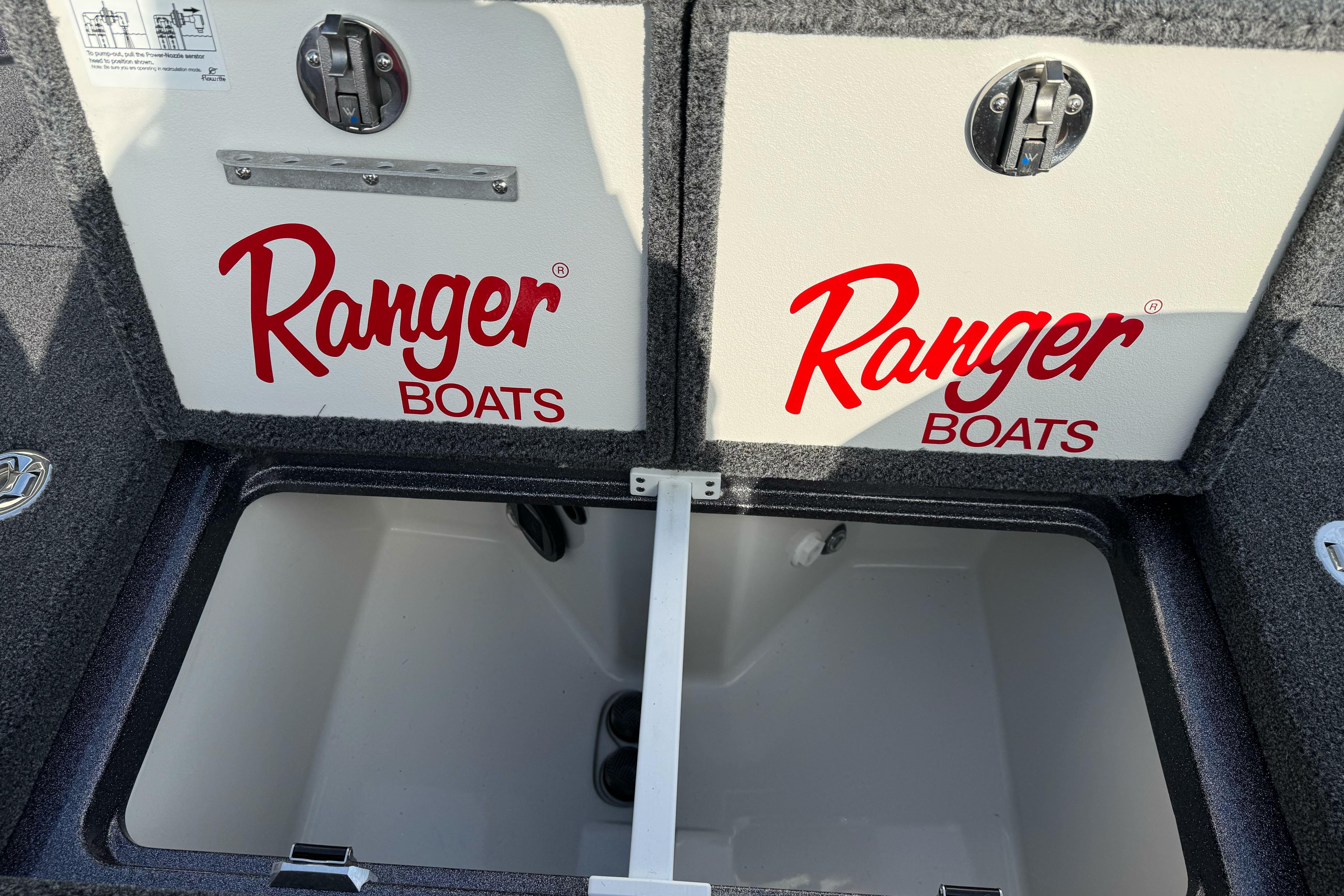 2025 Ranger Z521 boat storage compartments with Ranger Boats logo.
