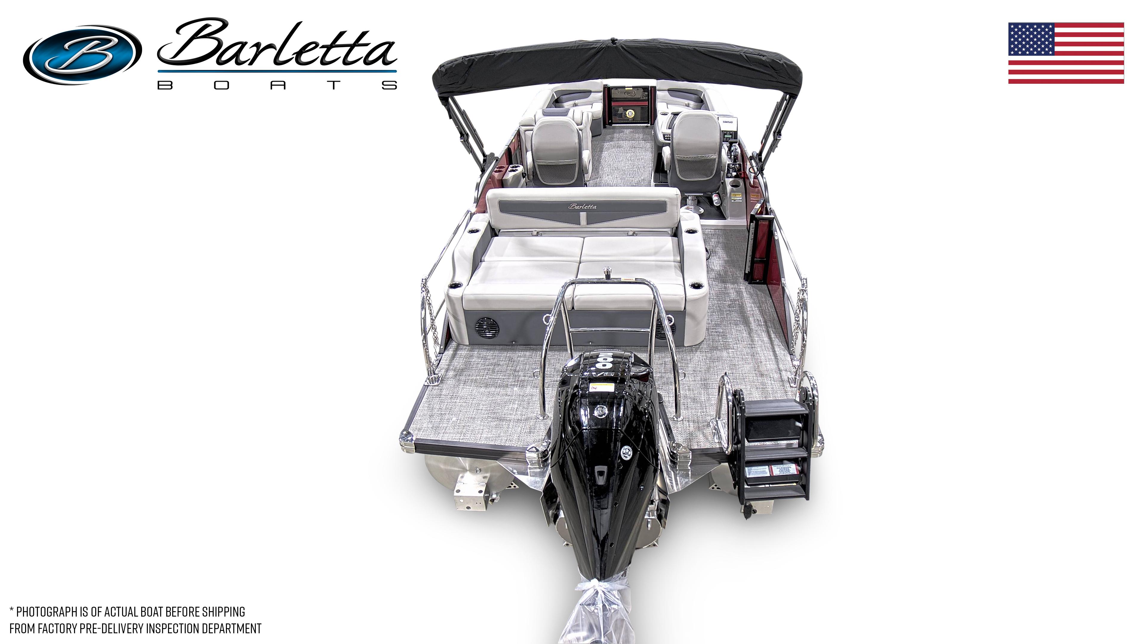 2026 Barletta Cabrio 22UC pontoon boat, rear view, showcasing seating and motor.