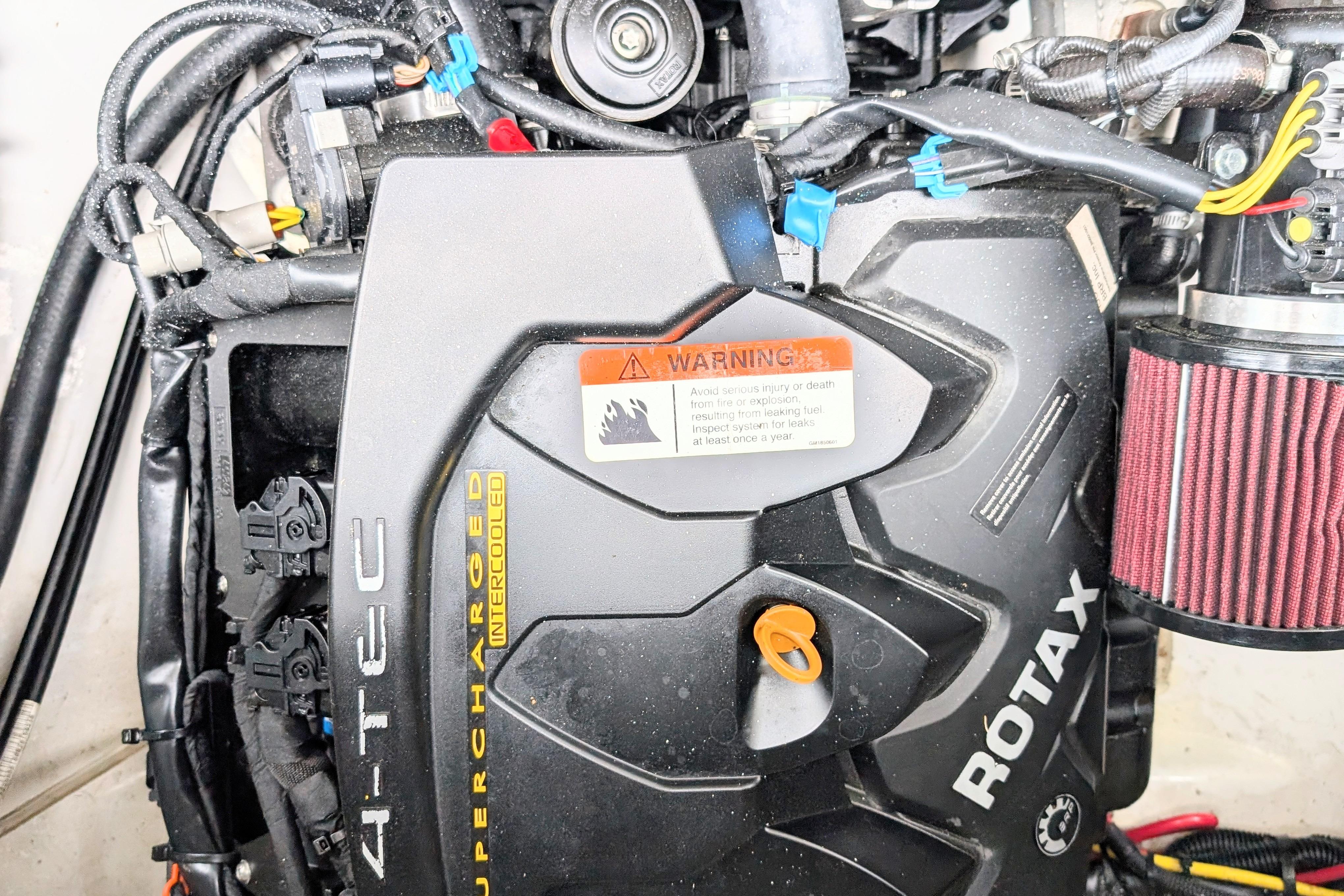 2016 Scarab 165 ID engine close-up, featuring Rotax 4-TEC supercharged intercooler components.