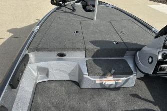 2026 Nitro Z17 boat deck with gray carpeting and storage compartments.