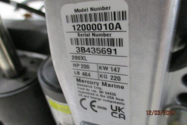 Label on Mercury Marine engine, model 200XL, showing specifications and serial number.