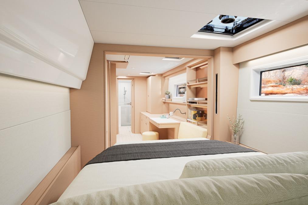 Interior of Lagoon 47 yacht, modern and luxurious, year 2026.