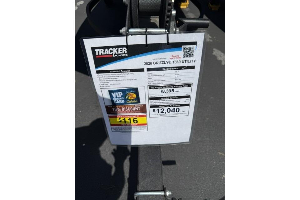 2026 Tracker Grizzly 1860 Utility boat price tag with specifications and discounts.