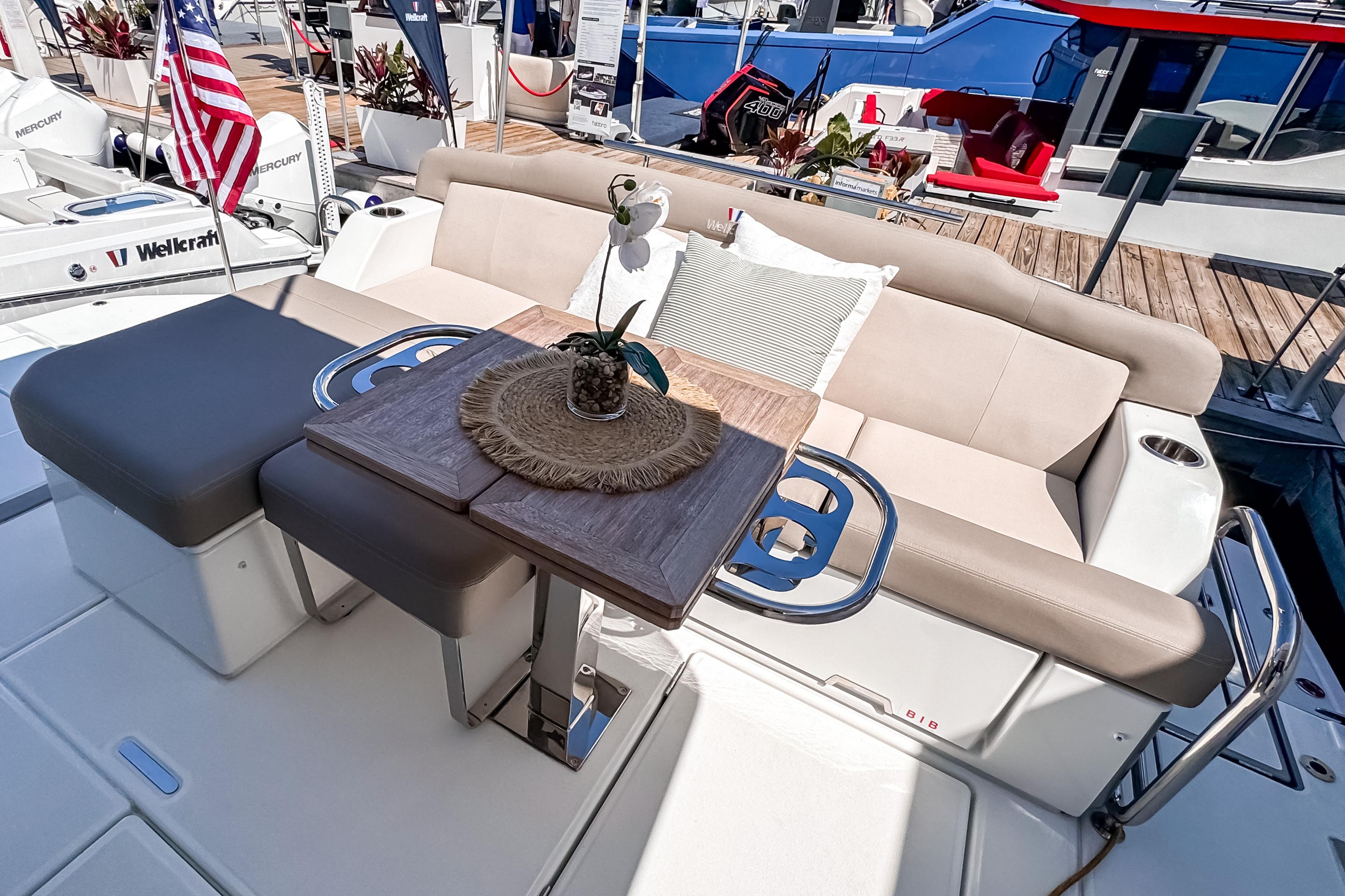 Luxurious seating area on the 2026 Wellcraft 44 Explorer yacht.