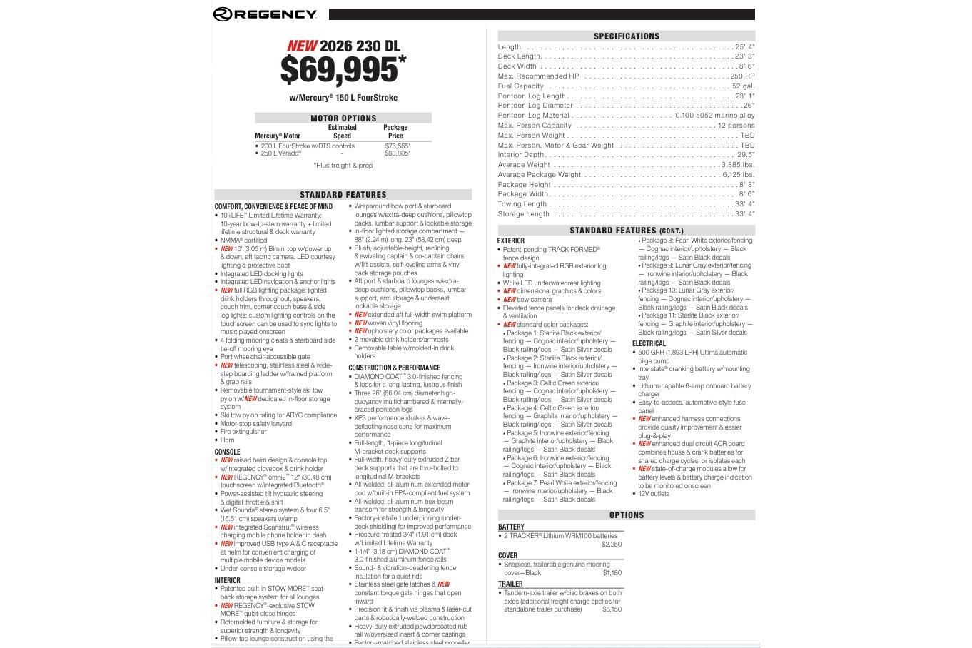 New 2026 Regency 230 DL pontoon boat features, specifications, and pricing details.