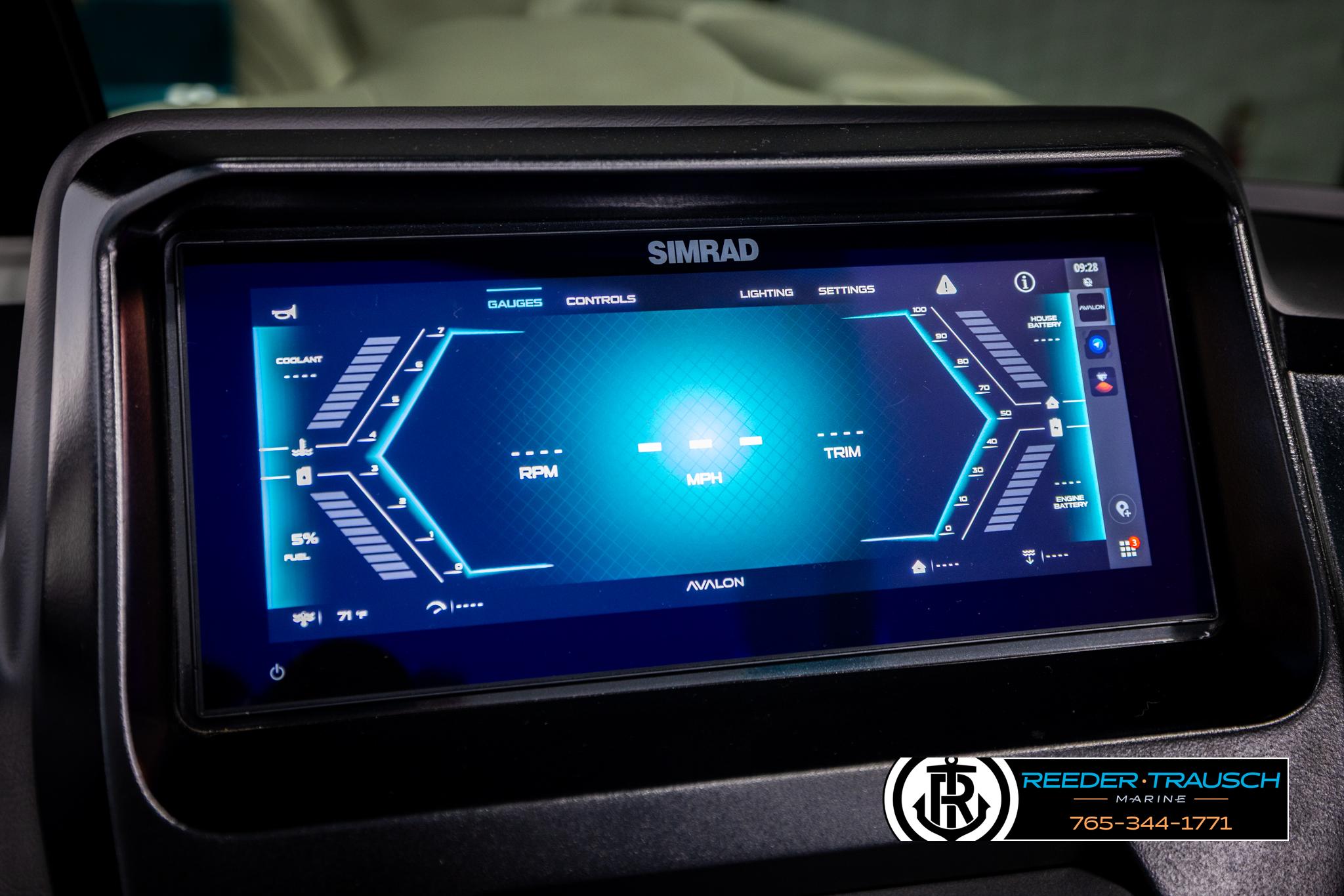 2025 Avalon 2585 Excal VRBW dashboard display with Simrad interface, showing gauges and settings.