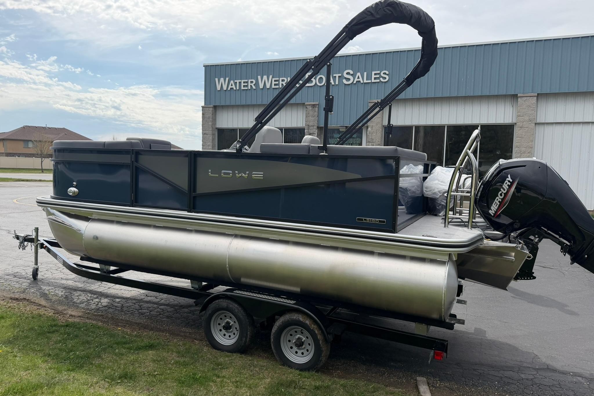 2026 Lowe LS 190 pontoon boat on trailer at Water Werks Boat Sales.