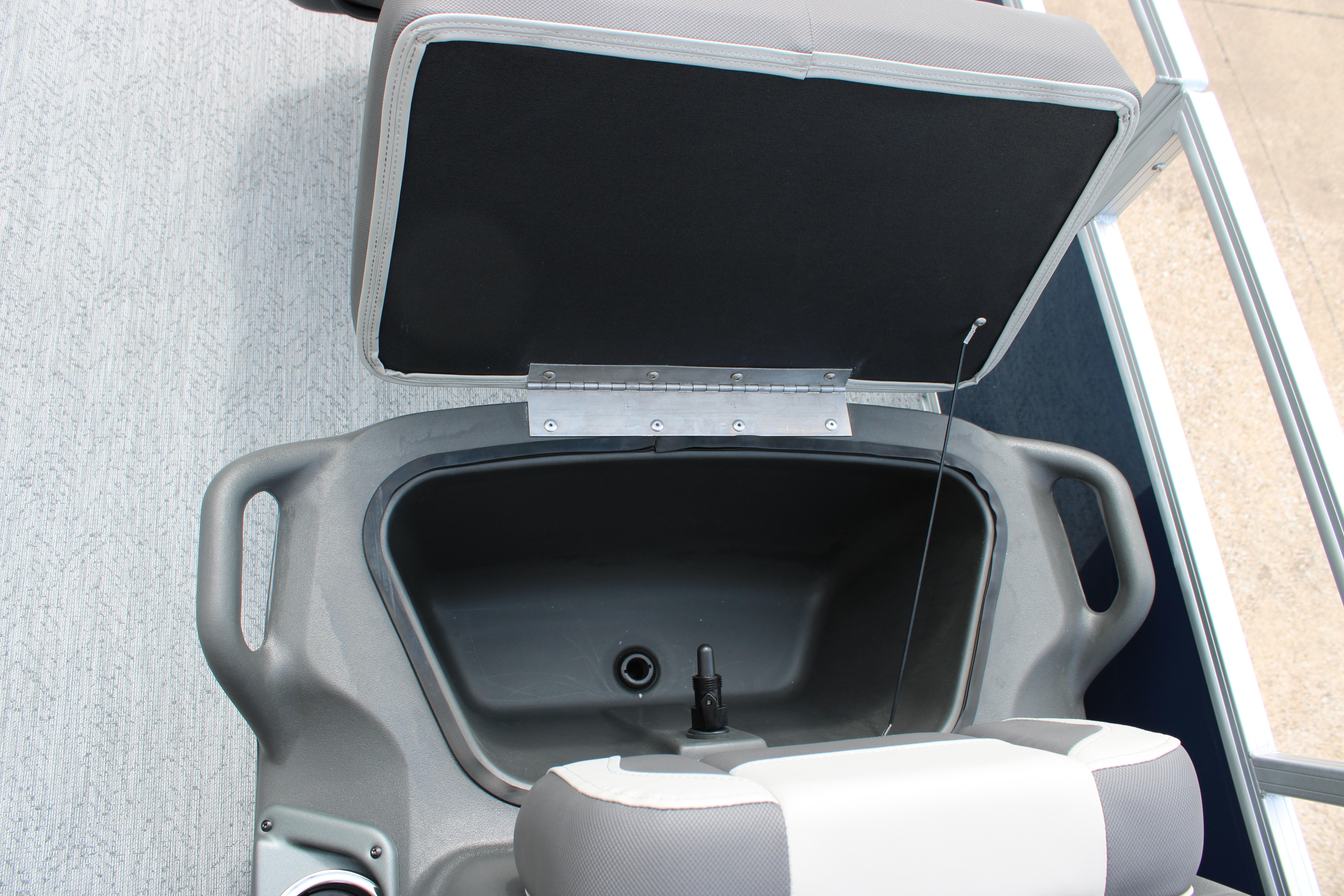 2026 Sun Tracker Bass Buggy 16 XL Select storage compartment with open lid and seating.