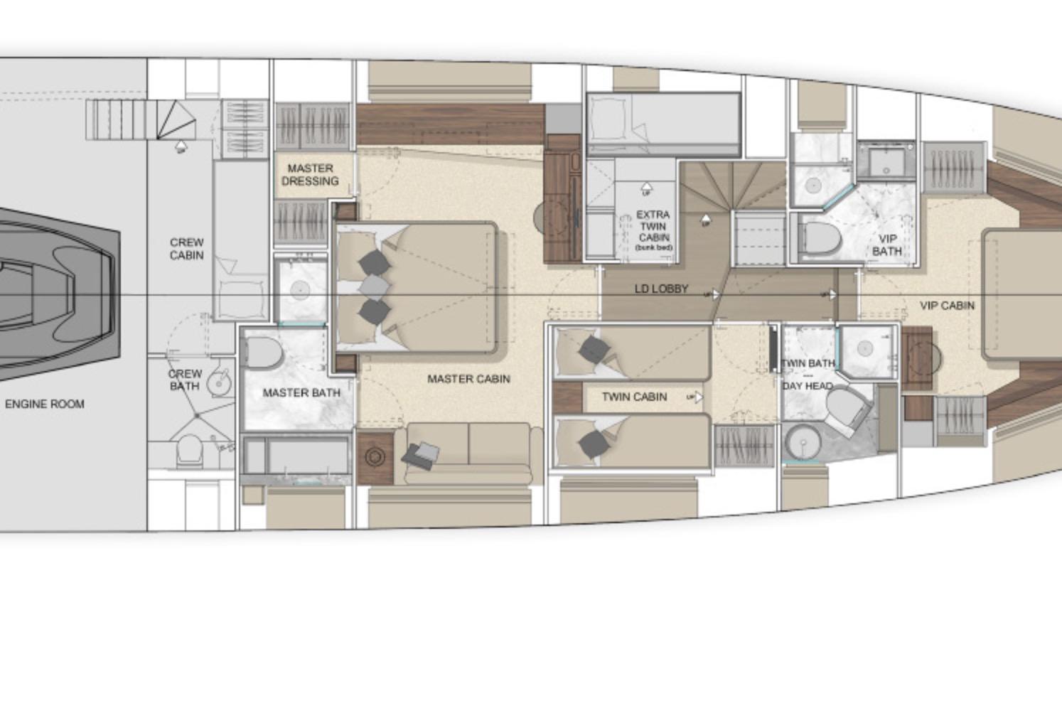 Floor plan of 2027 Solaris Power 70 GRAND COUPE yacht with detailed cabin layout.