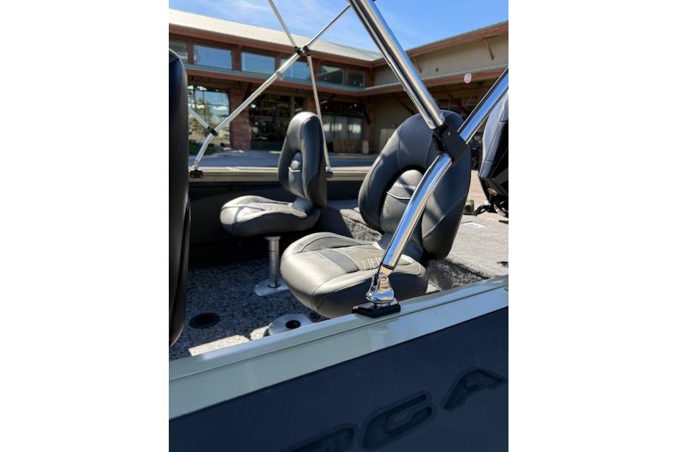2026 Tracker Targa V-19 WT boat interior with sleek seating and sturdy metal framework.