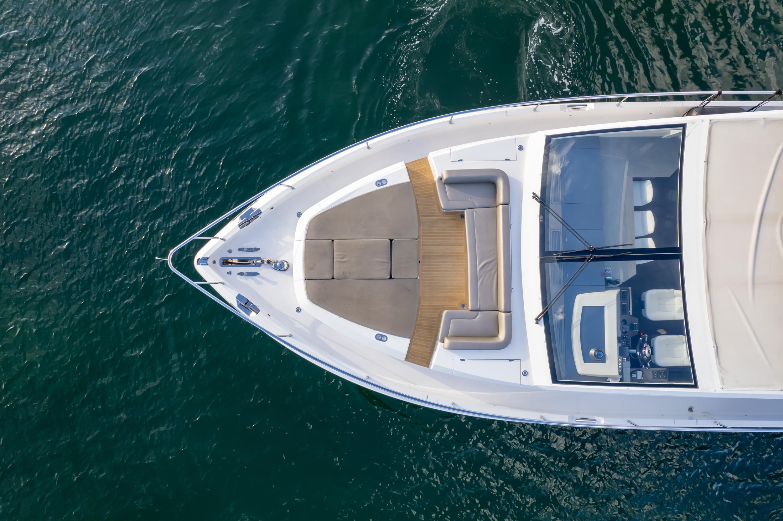 Aerial view of 2020 Pearl 80 yacht on calm water.