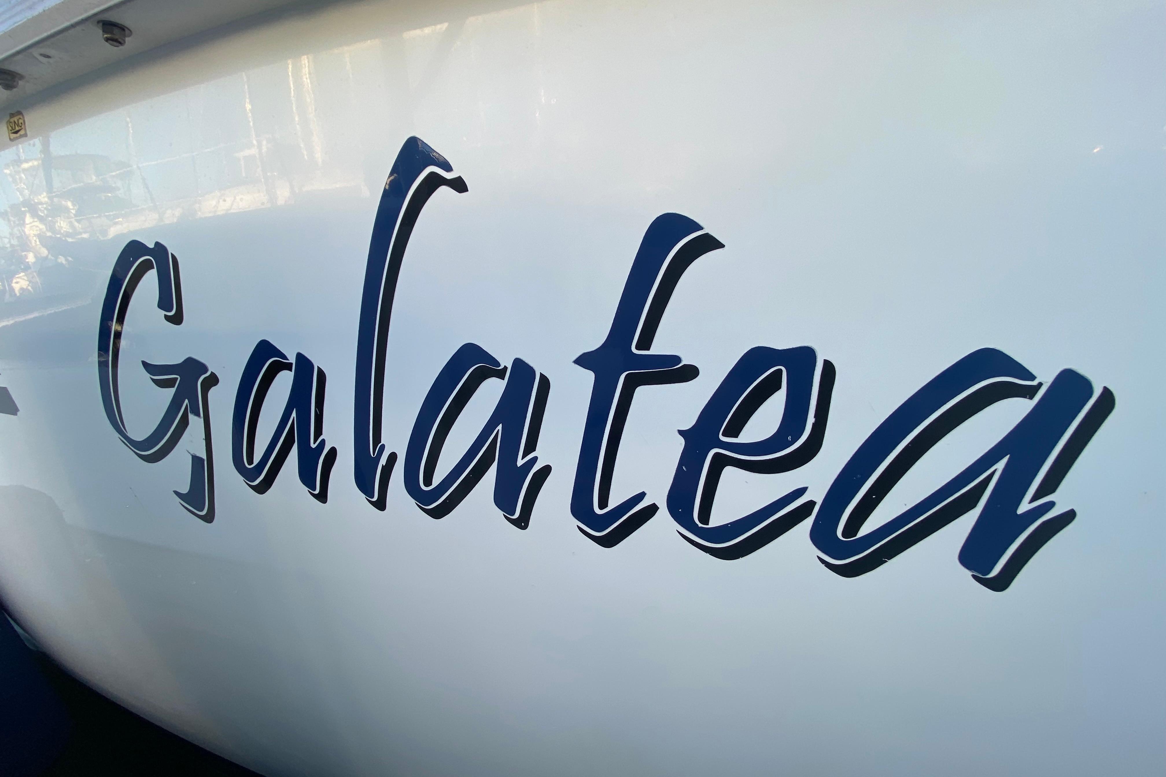 Close-up of "Galatea" name on 1997 Hunter Legend 40.5 sailboat.