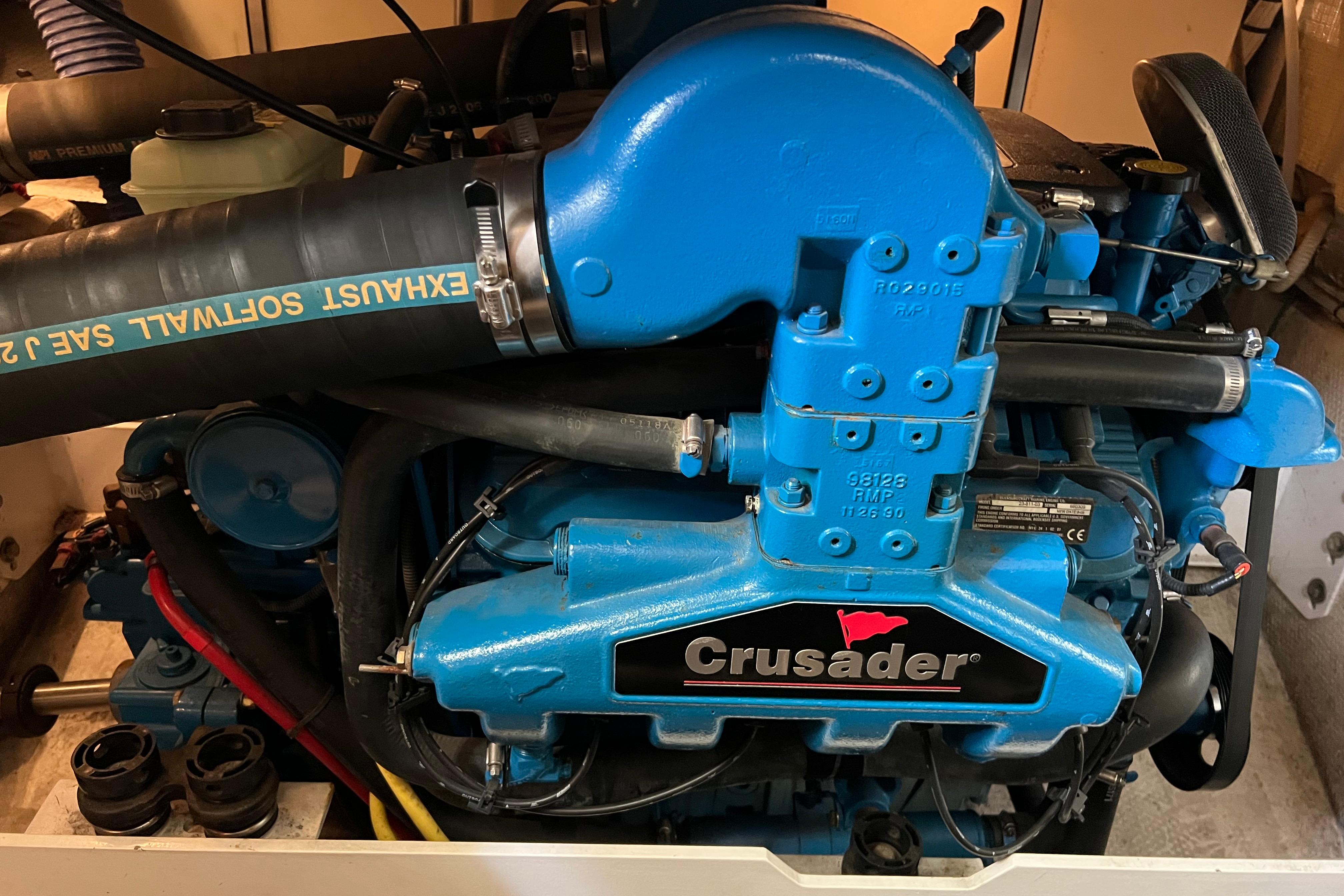 Engine of a 2006 Silverton 38 Sport Bridge boat, featuring a Crusader motor.