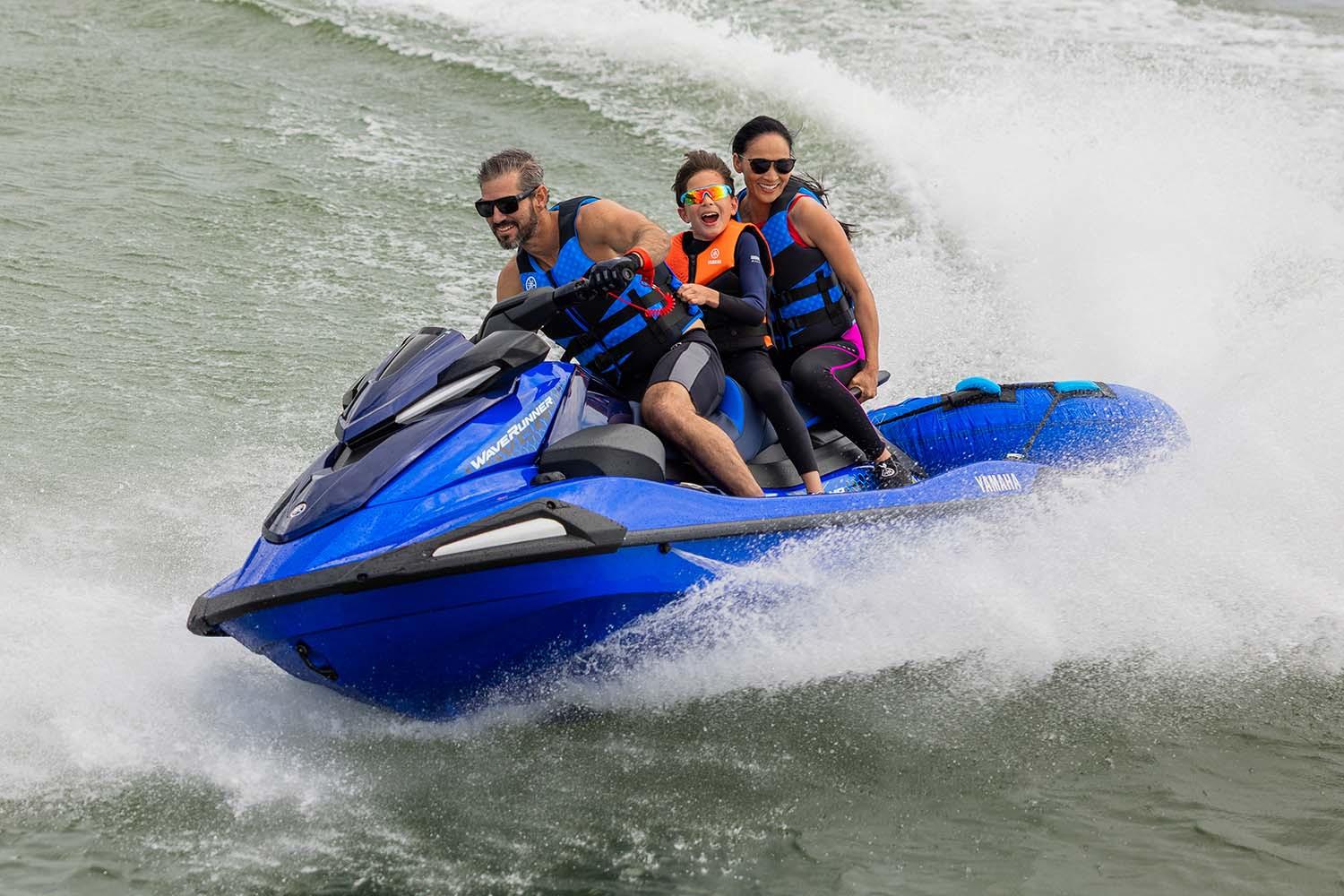 Manufacturer Provided Image: 2026 Yamaha WaveRunner VX Limited HO with three riders enjoying a thrilling water ride.