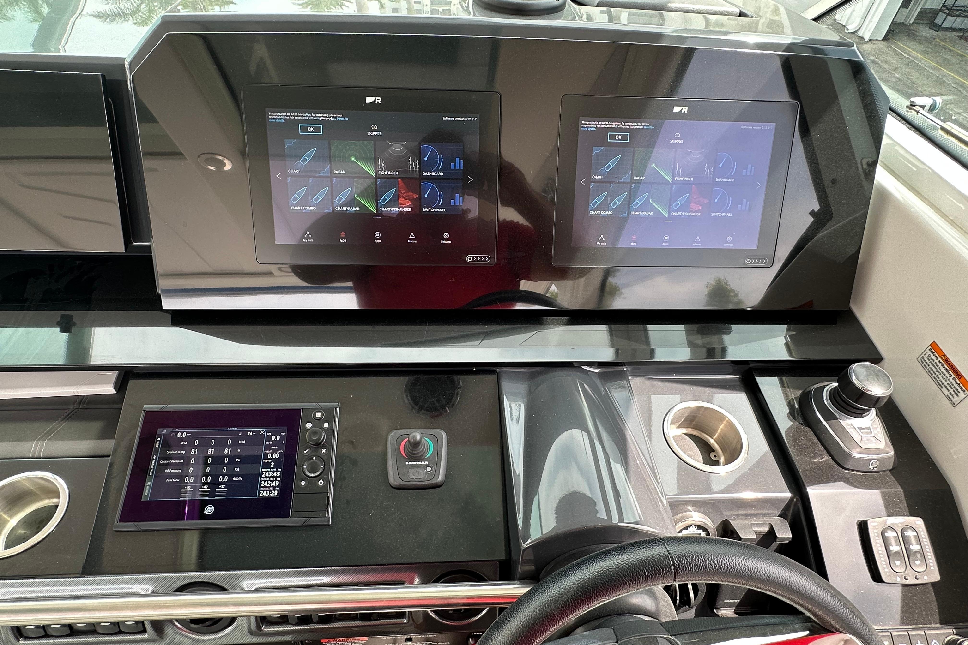 Dashboard of a 2021 Formula 380 Super Sport Crossover OB with advanced touchscreen controls.