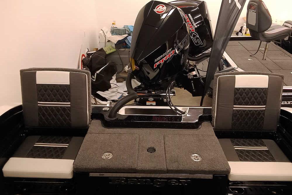 2026 Ranger 620xFS Pro boat interior with Mercury Pro XS engine.