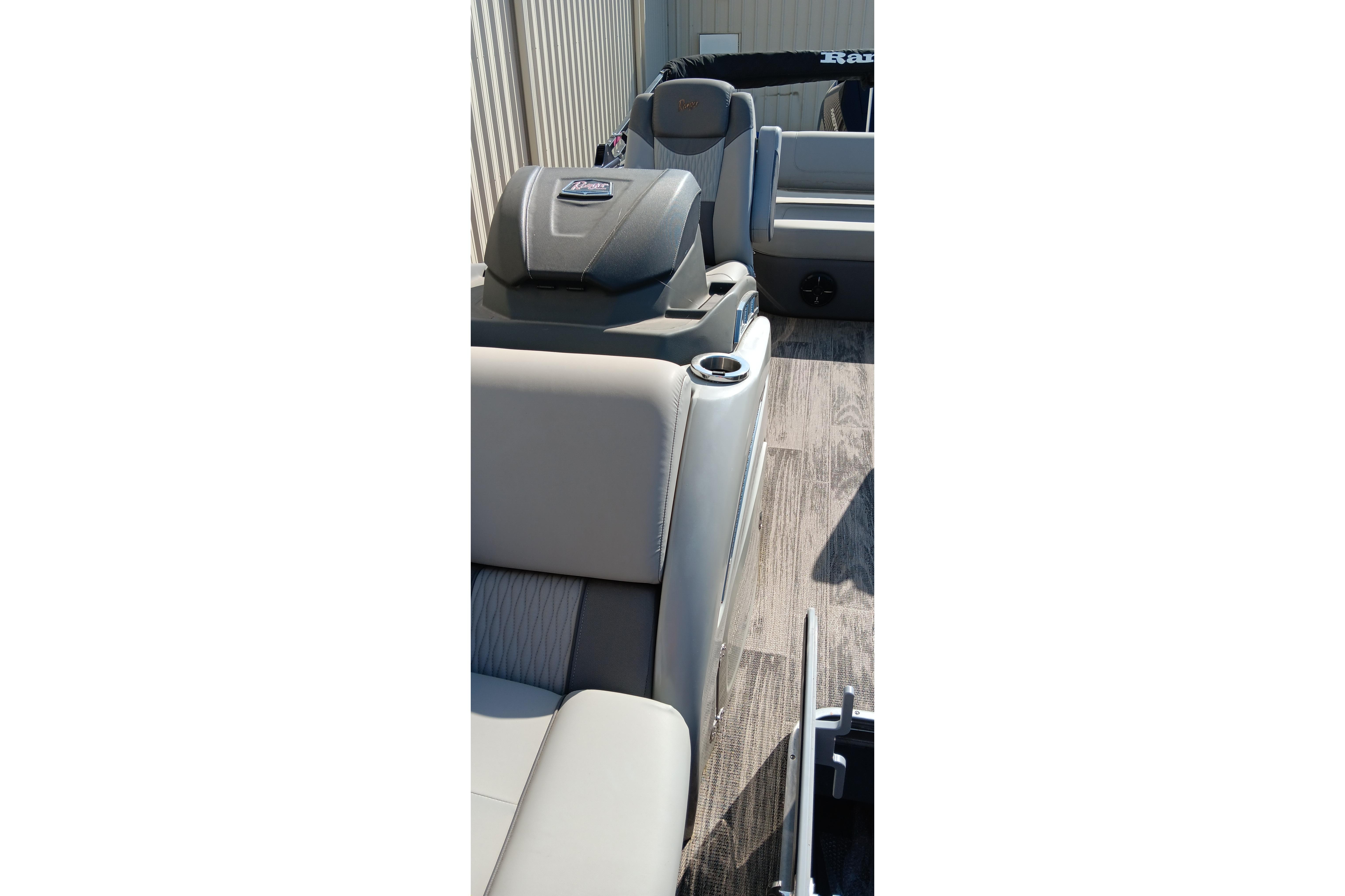2023 Ranger 2500LS boat interior with gray seating and modern design.
