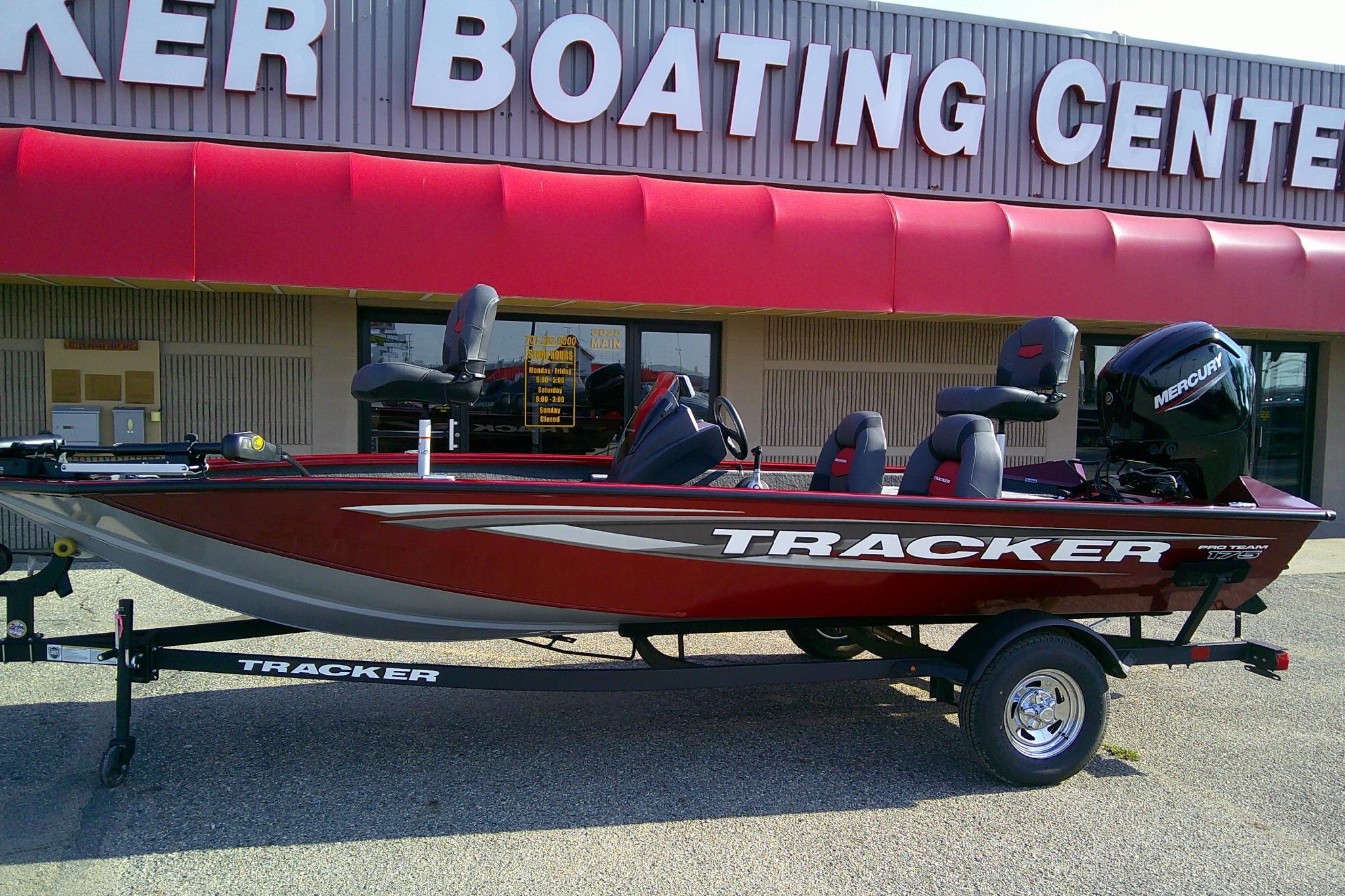 2025 Tracker Pro Team 175 boat displayed at a boating center.
