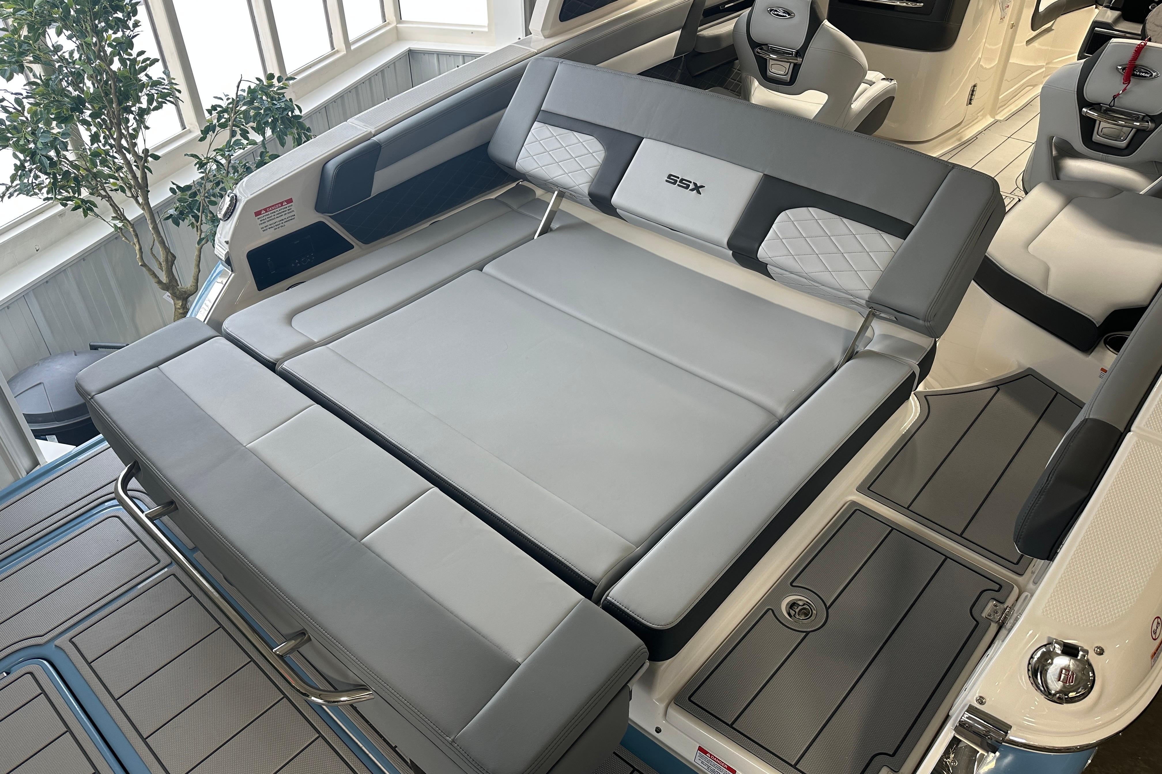 Interior of Chaparral SSX 6 boat, luxurious seating, model year 2026.