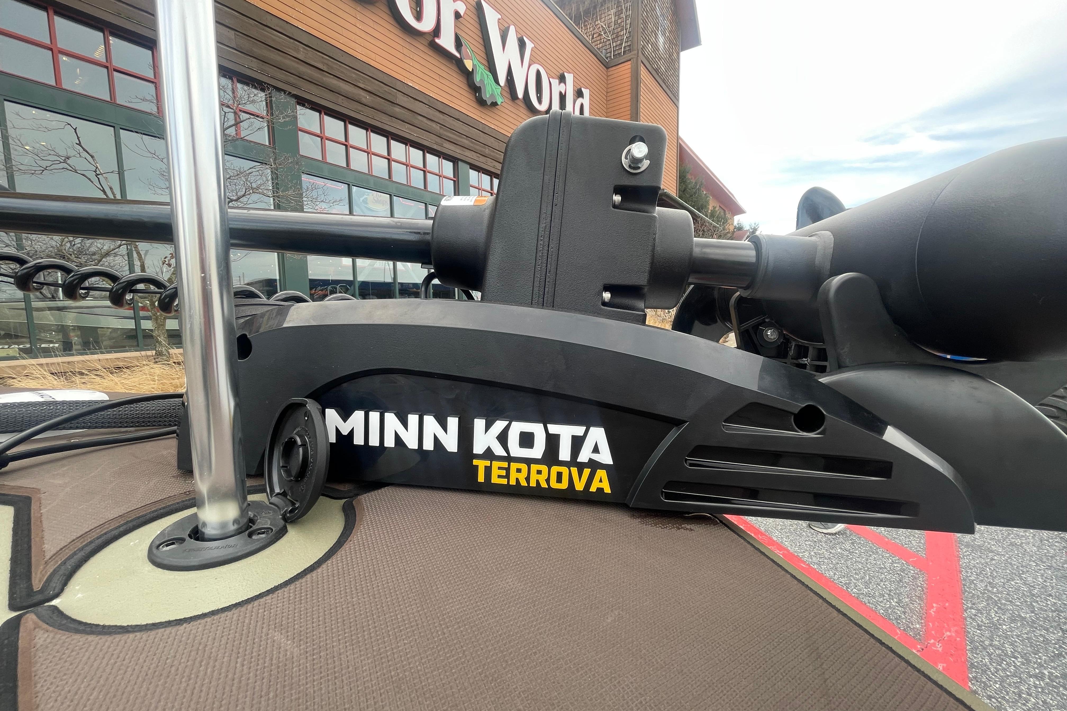 Minn Kota Terrova motor on 2026 Tracker Grizzly 1860 CC boat, outdoor store background.