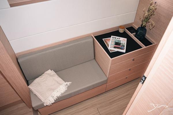 Interior of 2025 Nautitech 40 Open yacht with cozy seating and modern decor.
