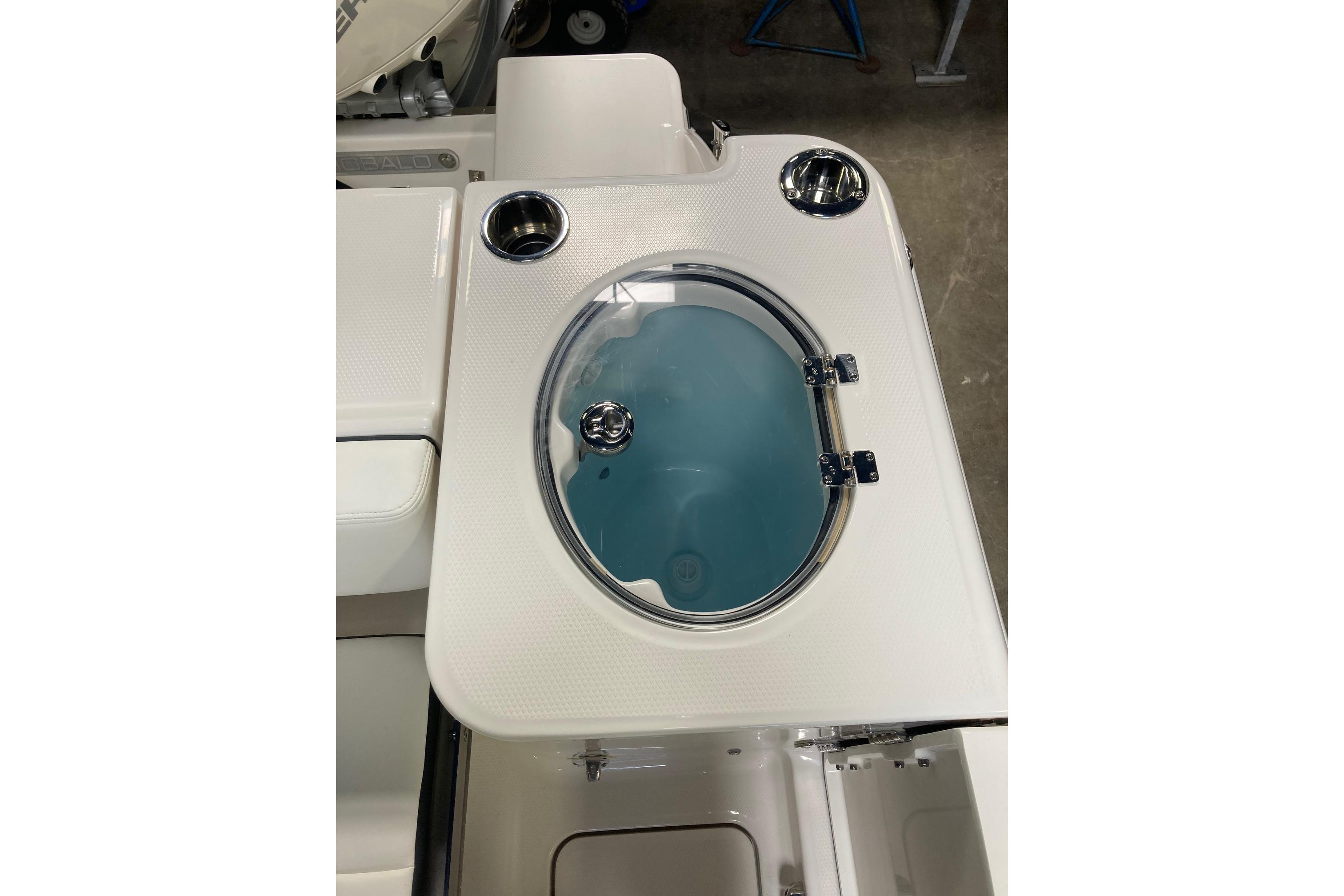 2024 Robalo R250 Center Console livewell with cup holders and sleek design.