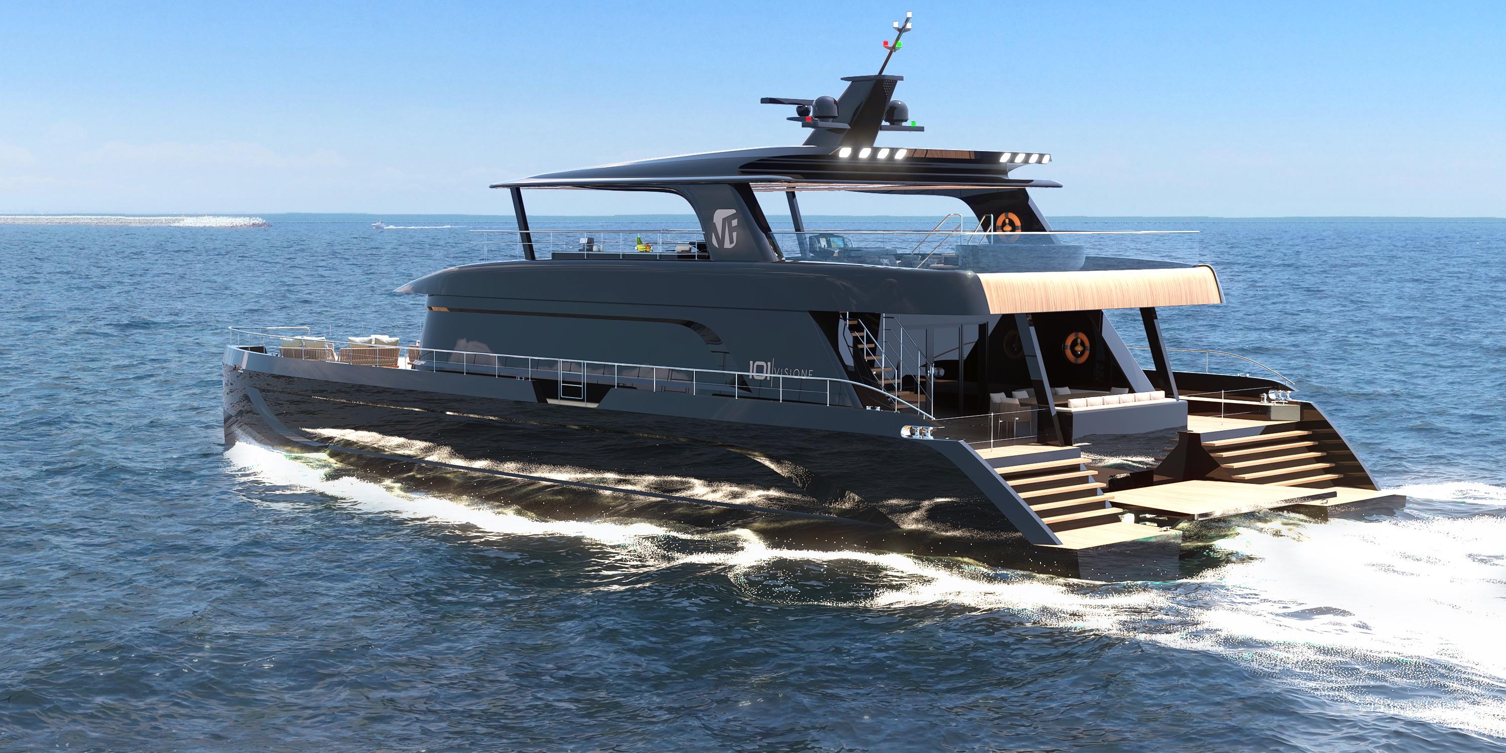Luxury VisionF 101 yacht cruising on open sea, 2025 model, sleek design, sunny day.