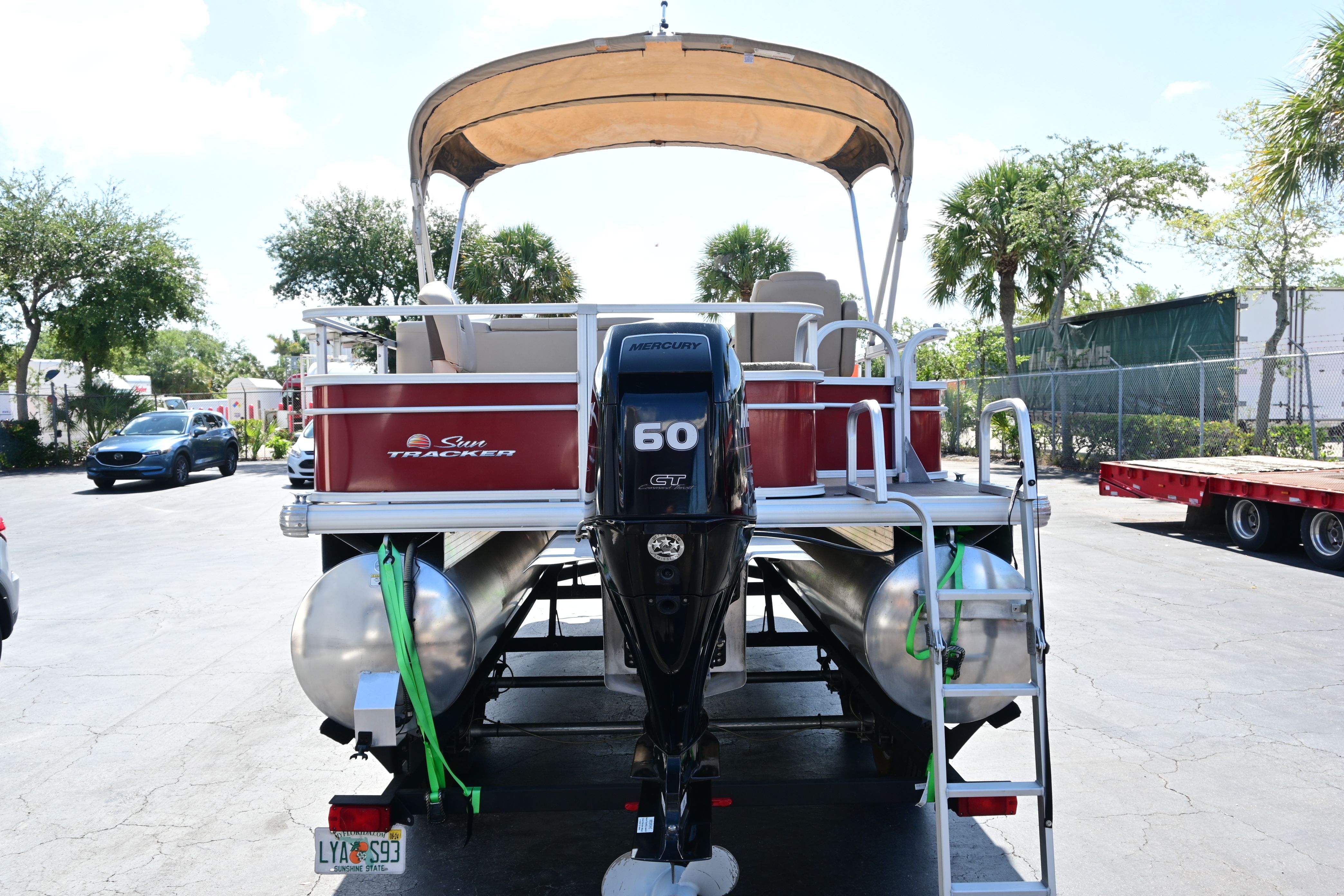 2019 Sun Tracker FISHI pontoon boat with Mercury 60 engine.