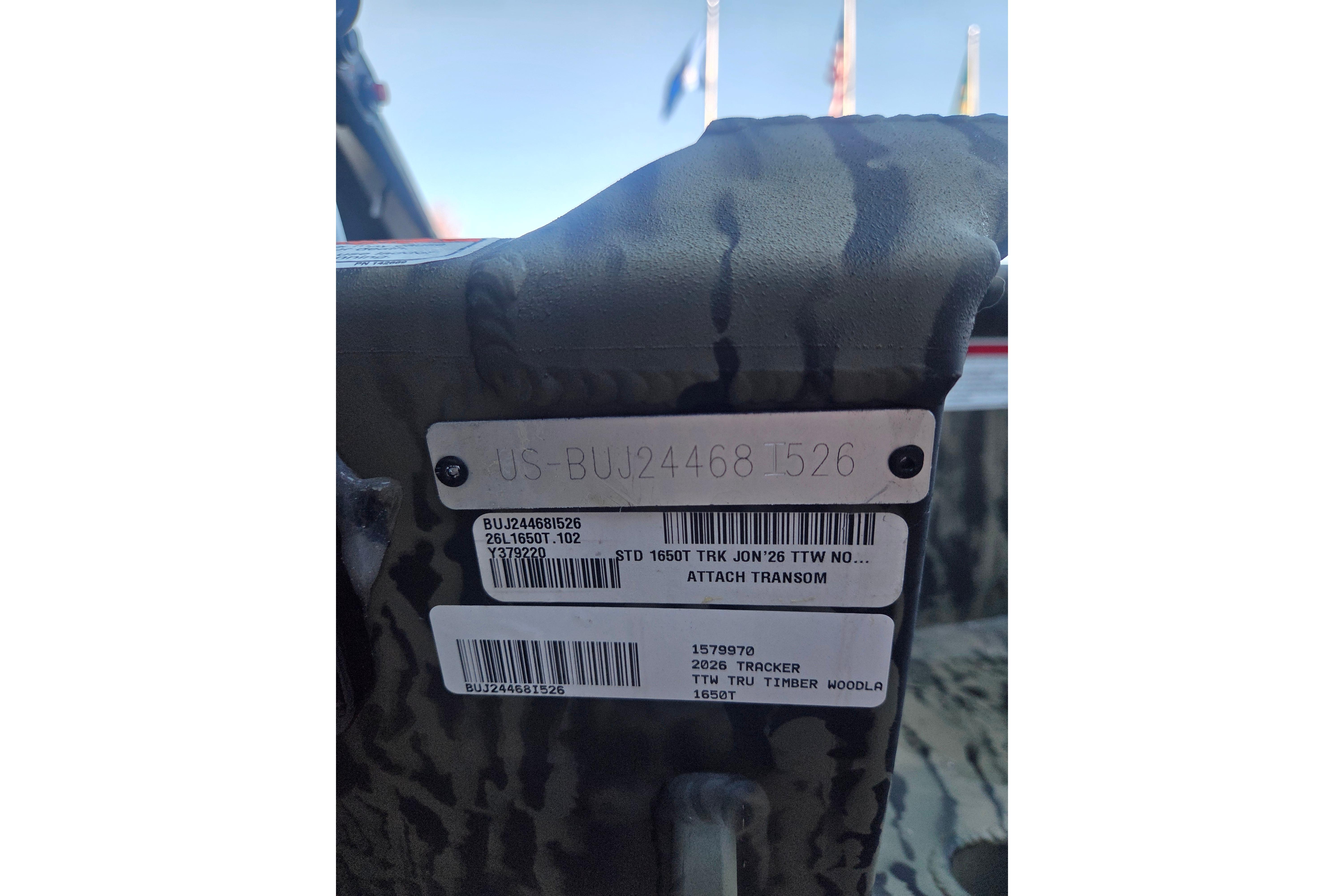 2026 Tracker Grizzly 1650 T Prairie Wings Edition boat identification plate with serial numbers.