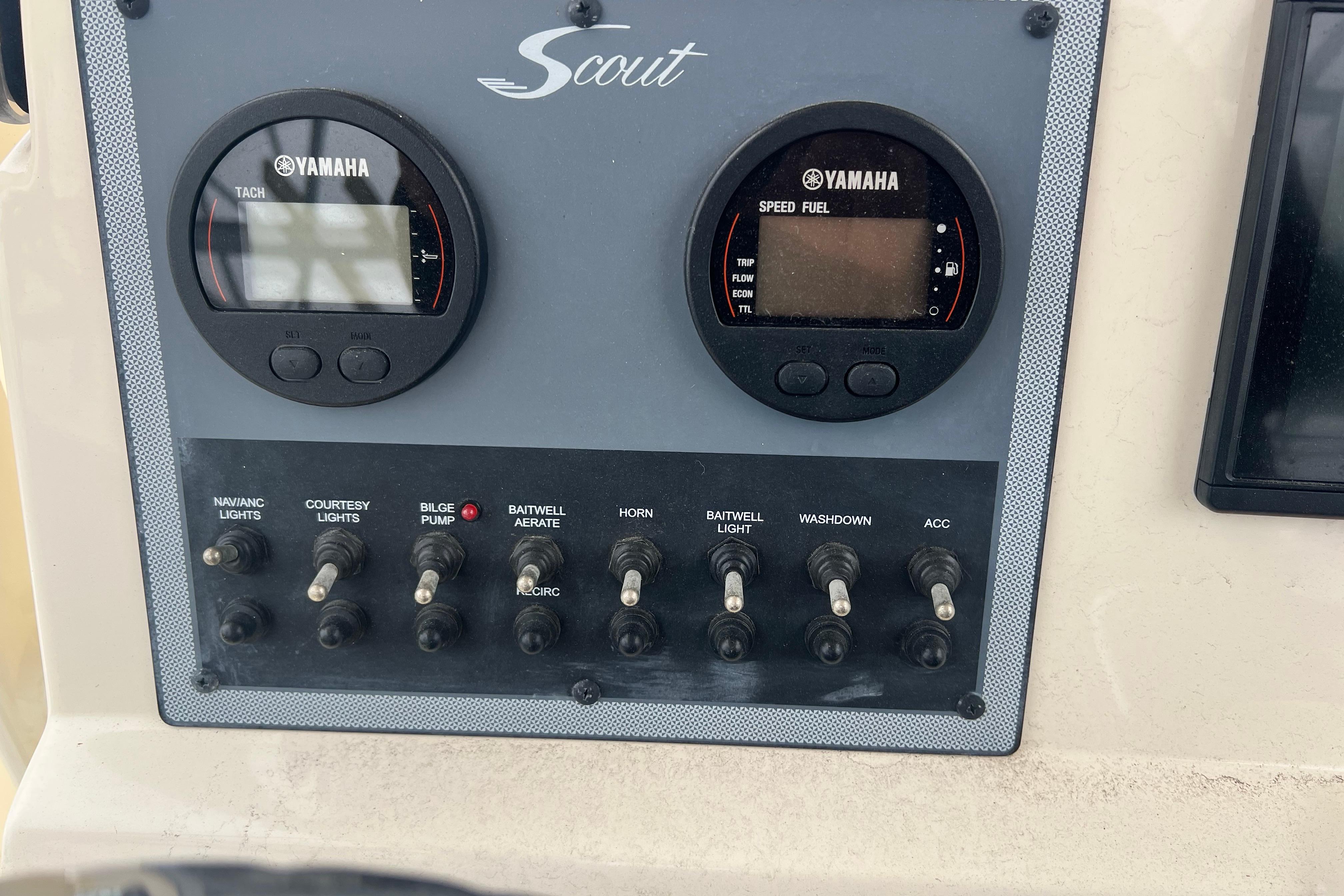 Control panel of a 2020 Scout 195 Sportfish boat with Yamaha gauges.