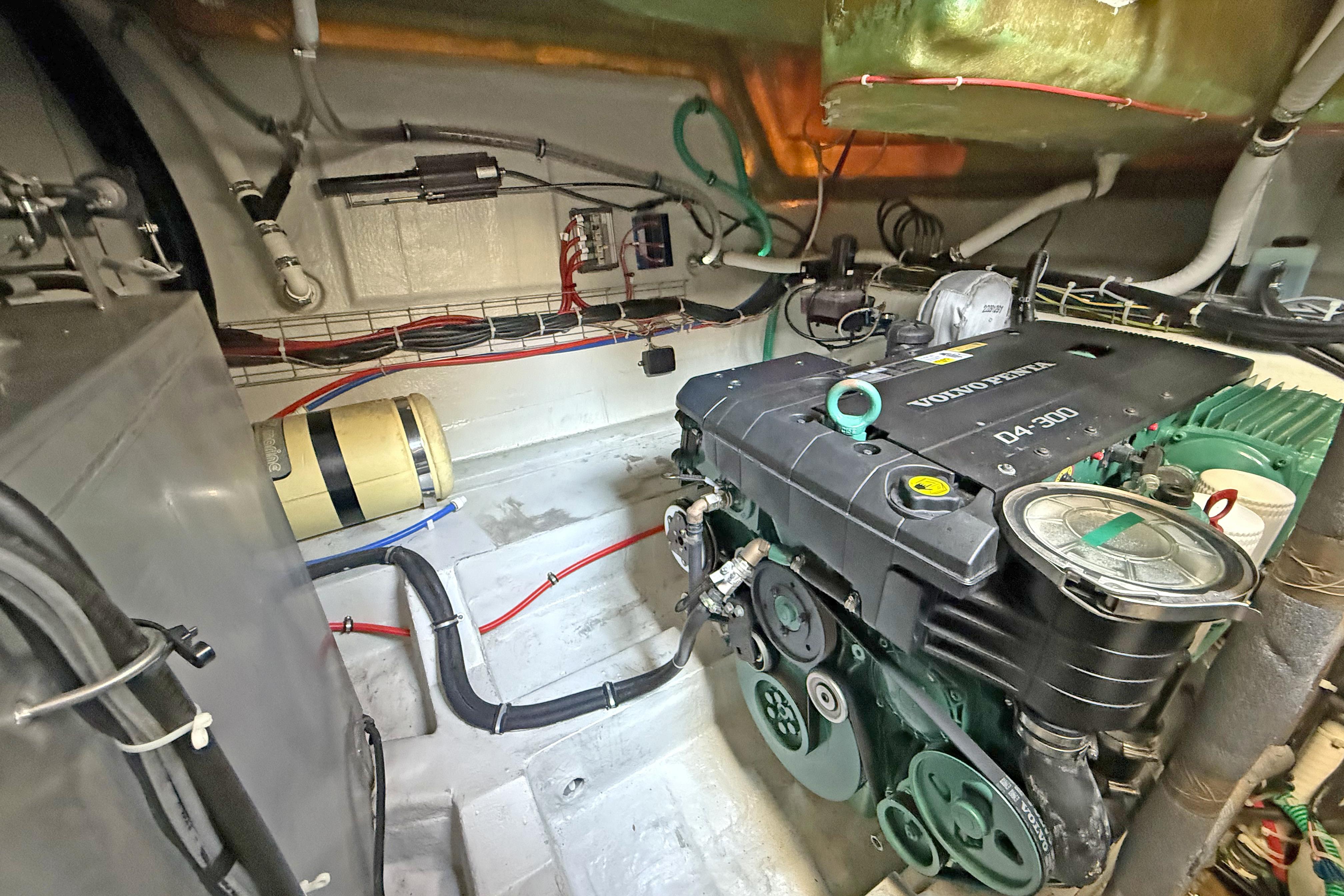 Engine room of 2019 Bavaria S40 HT with Volvo Penta D4-300 engine.