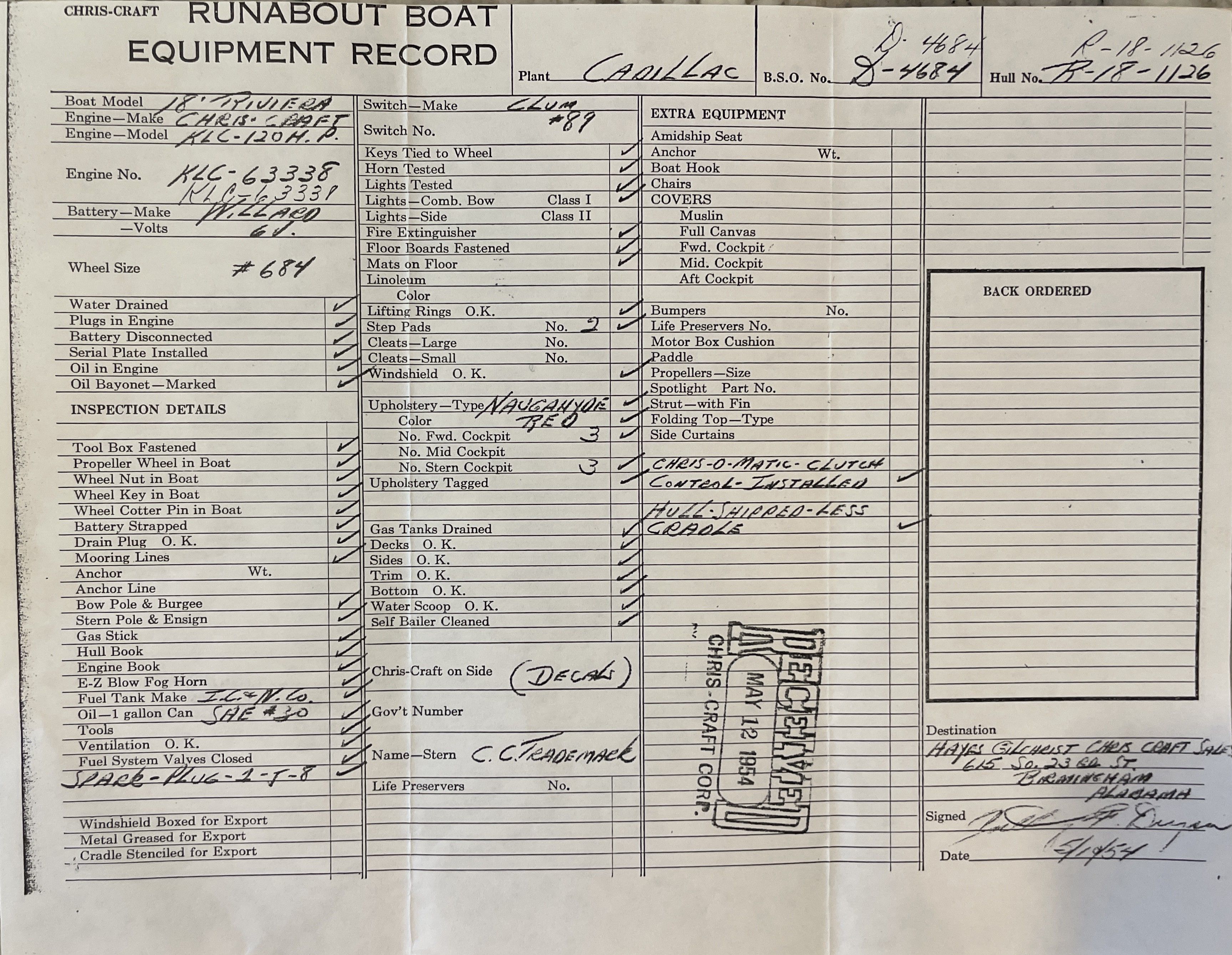 1954 Chris-Craft Riviera Runabout Boat Equipment Record.