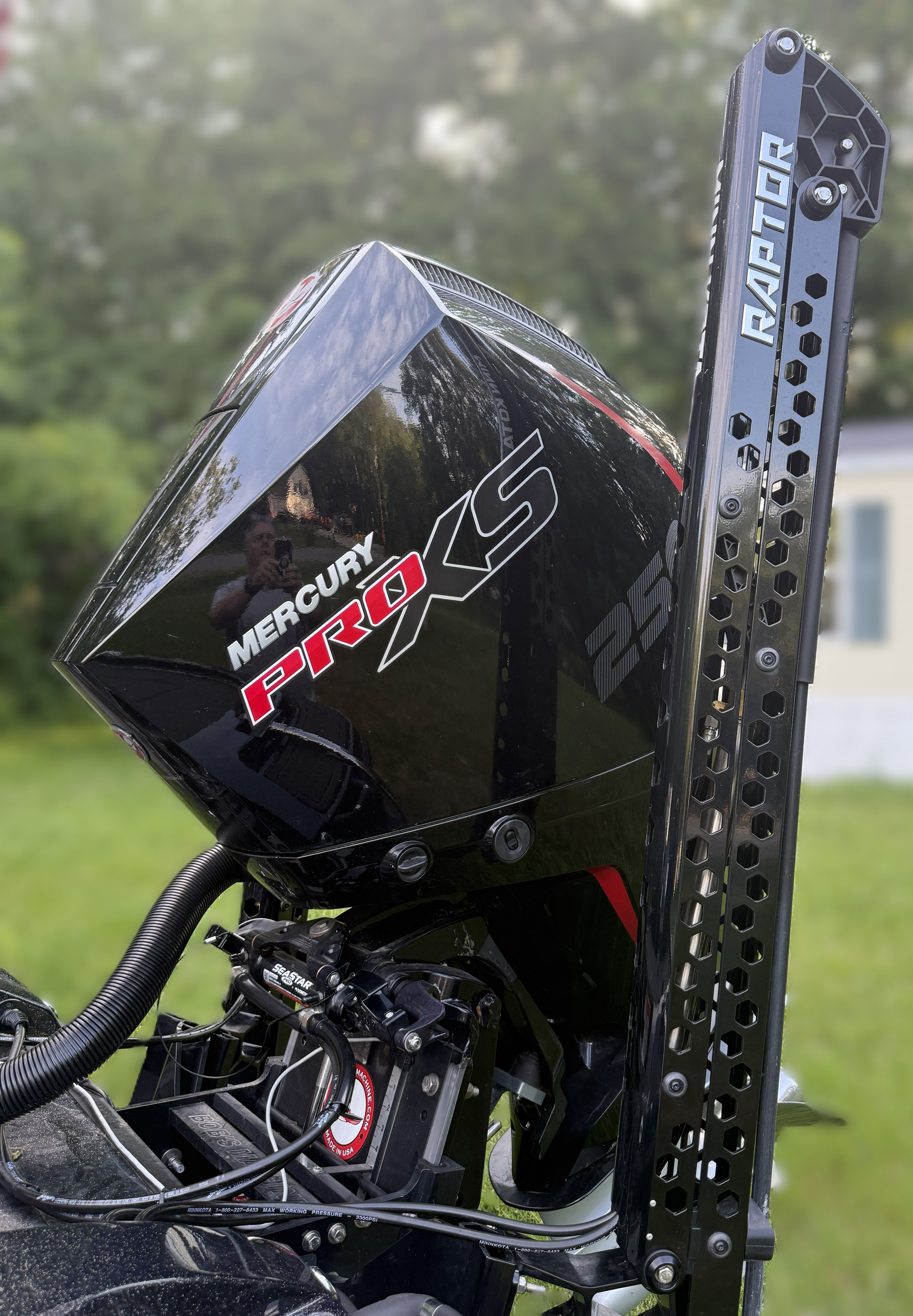 Close-up of a Mercury Pro XS outboard motor on a Nitro Z21 XL Pro boat.