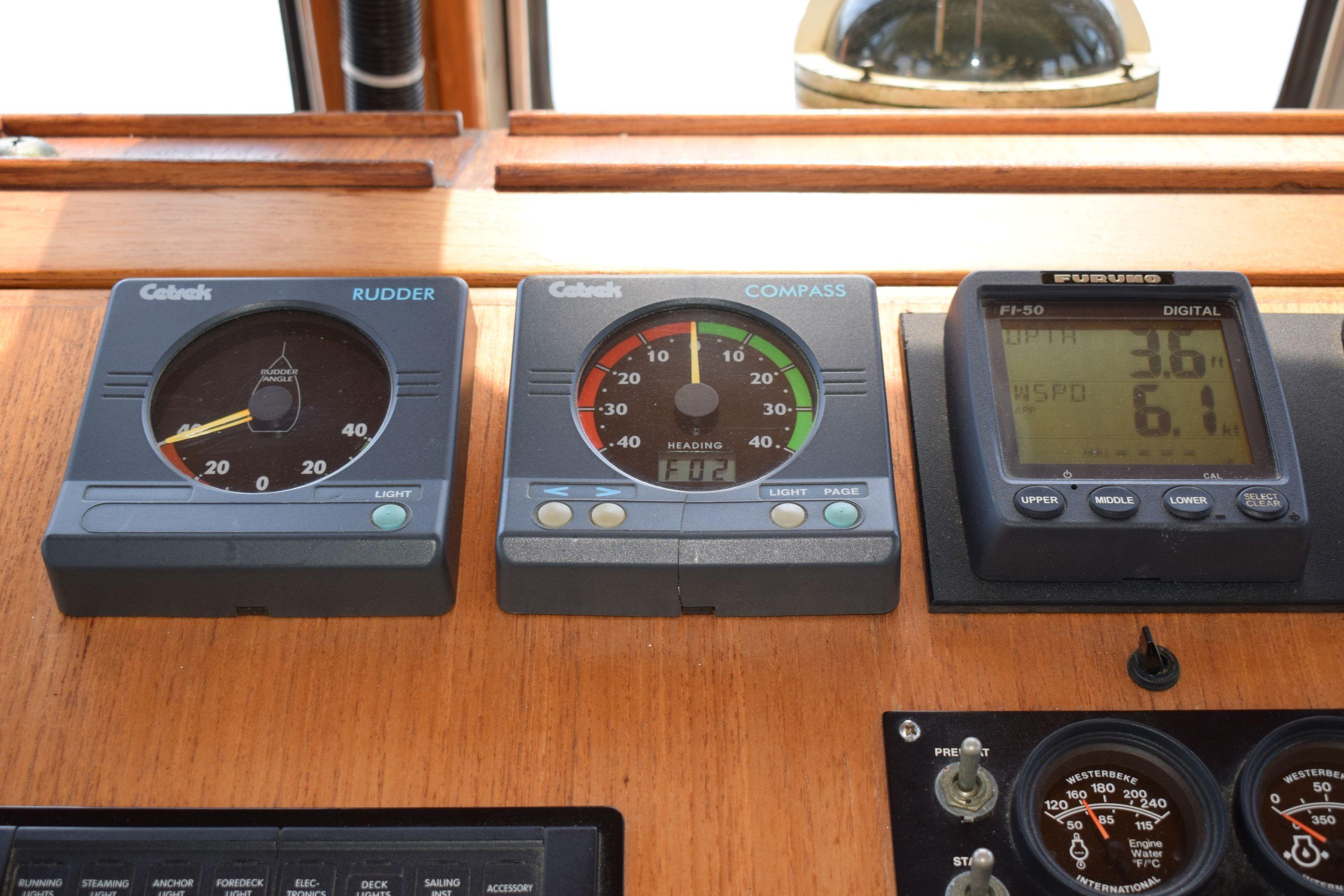 Instrumentation panel on a 1980 Cheoy Lee 52 Motorsailer, featuring rudder, compass, and digital displays.