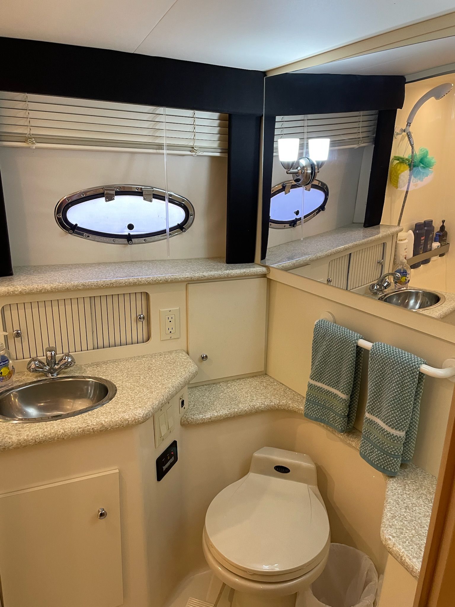 Carver 356 yacht bathroom with sink and toilet.